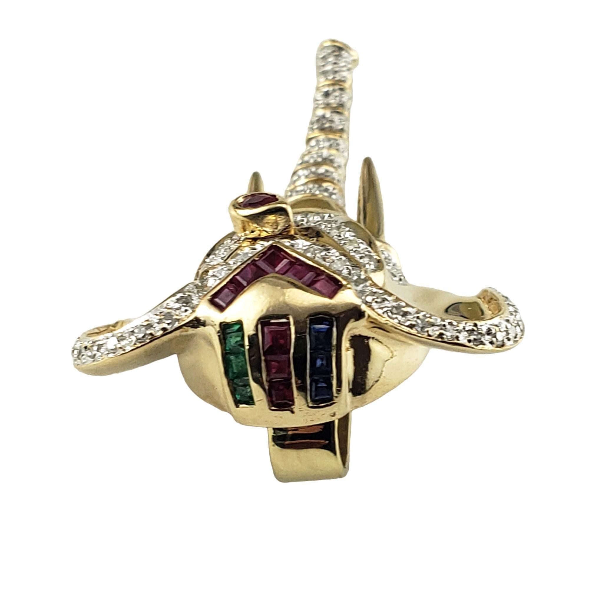 18K Yellow Gold Diamond Ruby Sapphire & Emerald Elephant Pendant #17049 In Good Condition For Sale In Washington Depot, CT