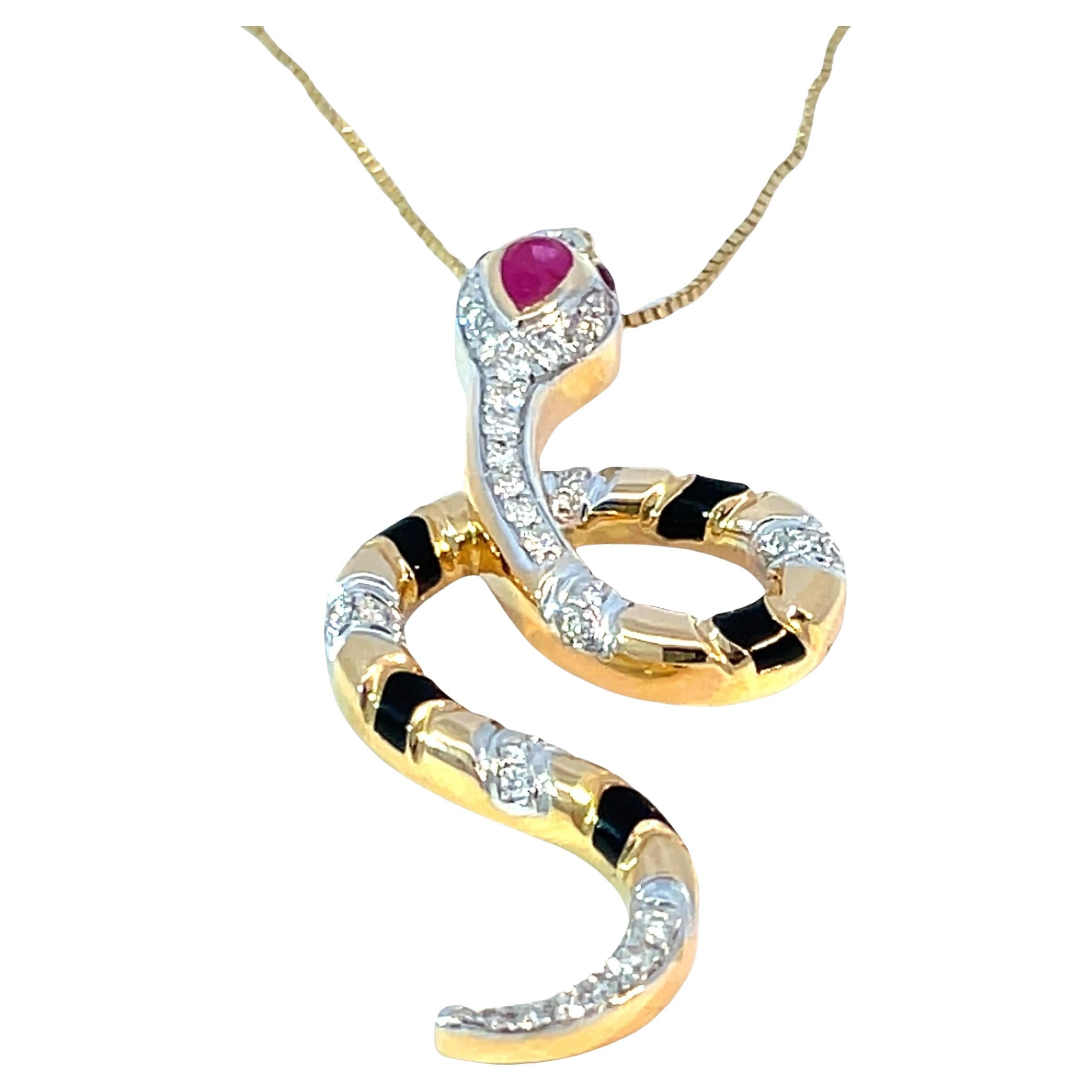 18k Yellow Gold Diamond 
Ruby Snake Pendant – Black Striped