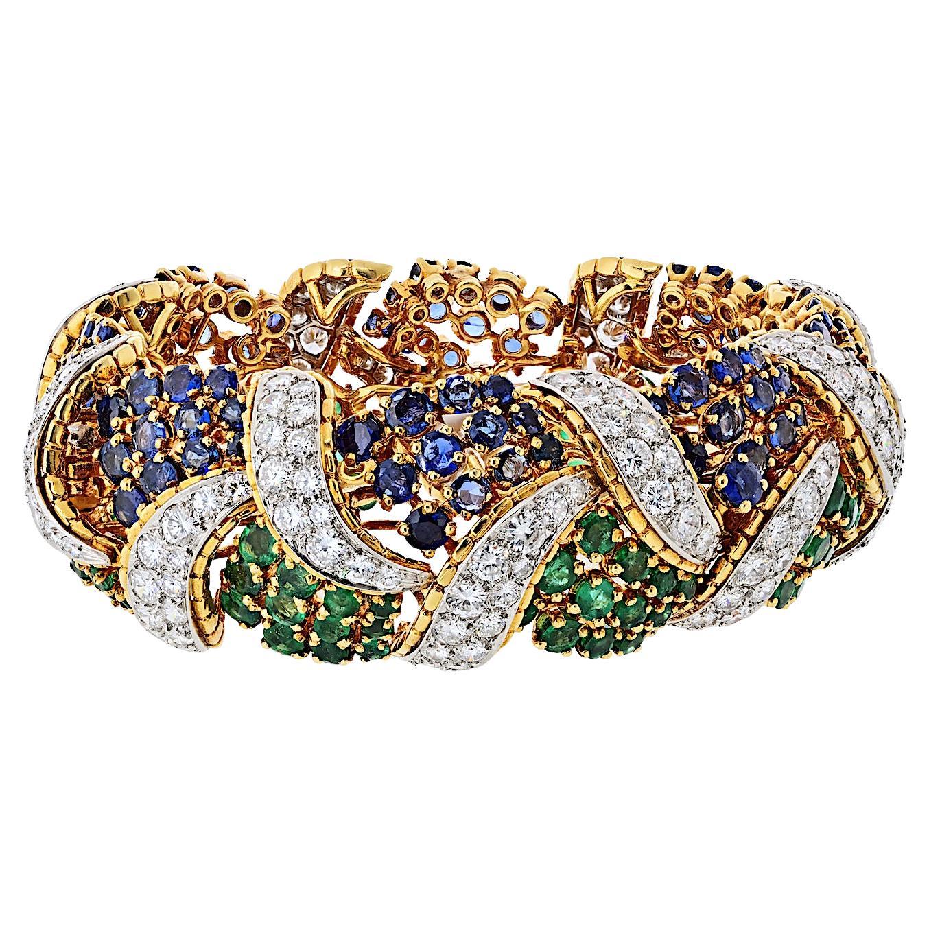 Bracelet en or jaune 18K avec diamants, saphirs et émeraudes vertes