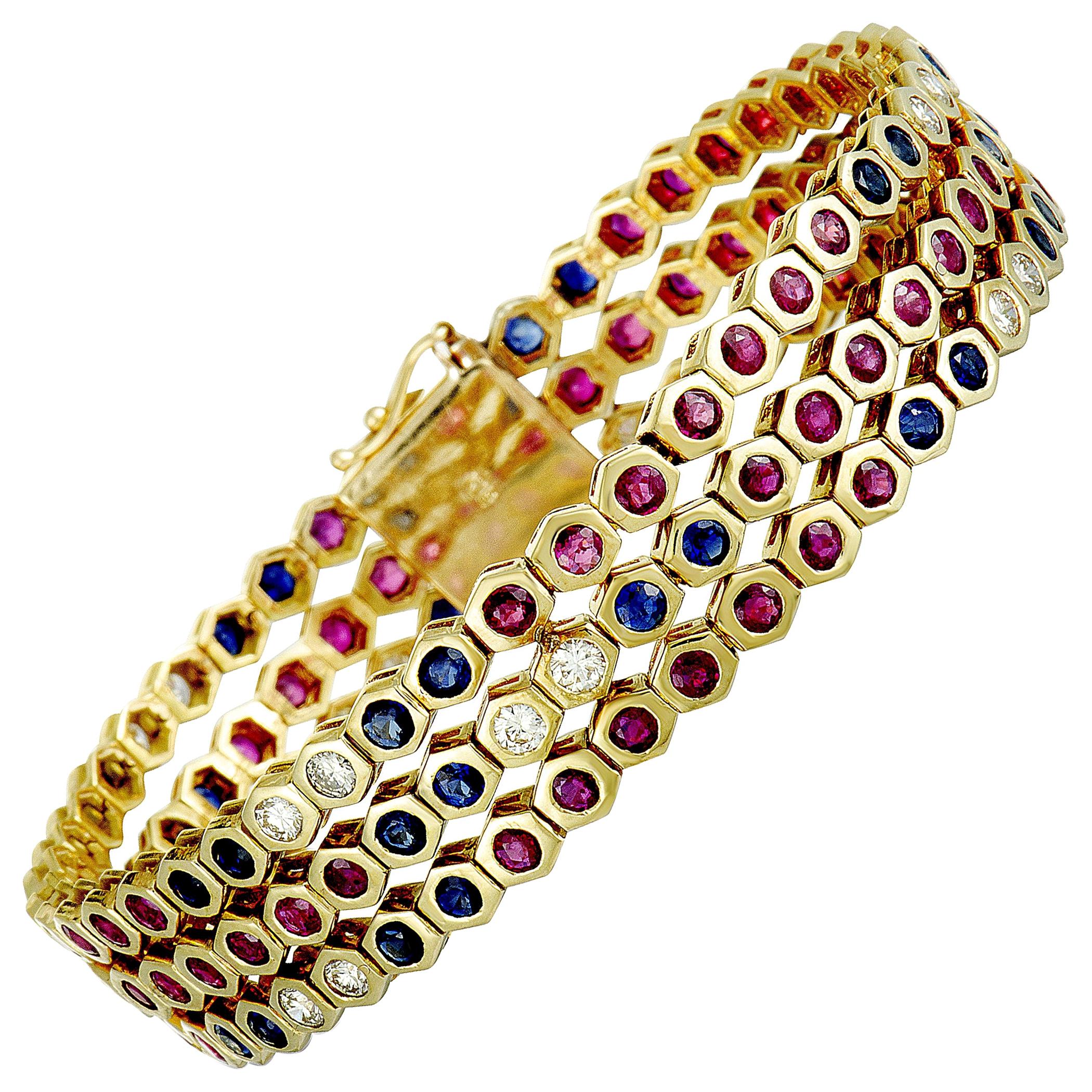18 Karat Yellow Gold Diamond, Sapphire, and Ruby Bracelet at
