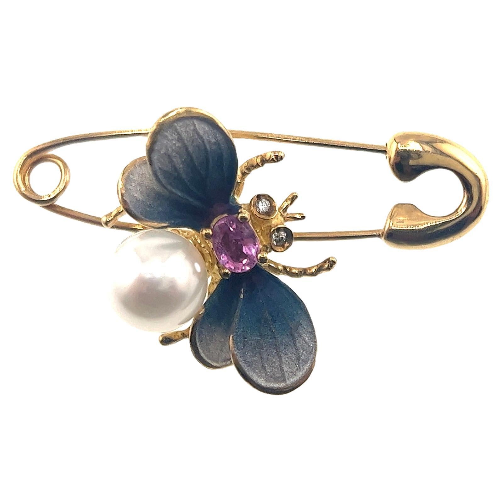 18K Yellow Gold Diamond & Sapphire Bee Paper Clip Brooch Pin