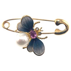 18K Yellow Gold Diamond & Sapphire Bee Paper Clip Brooch Pin
