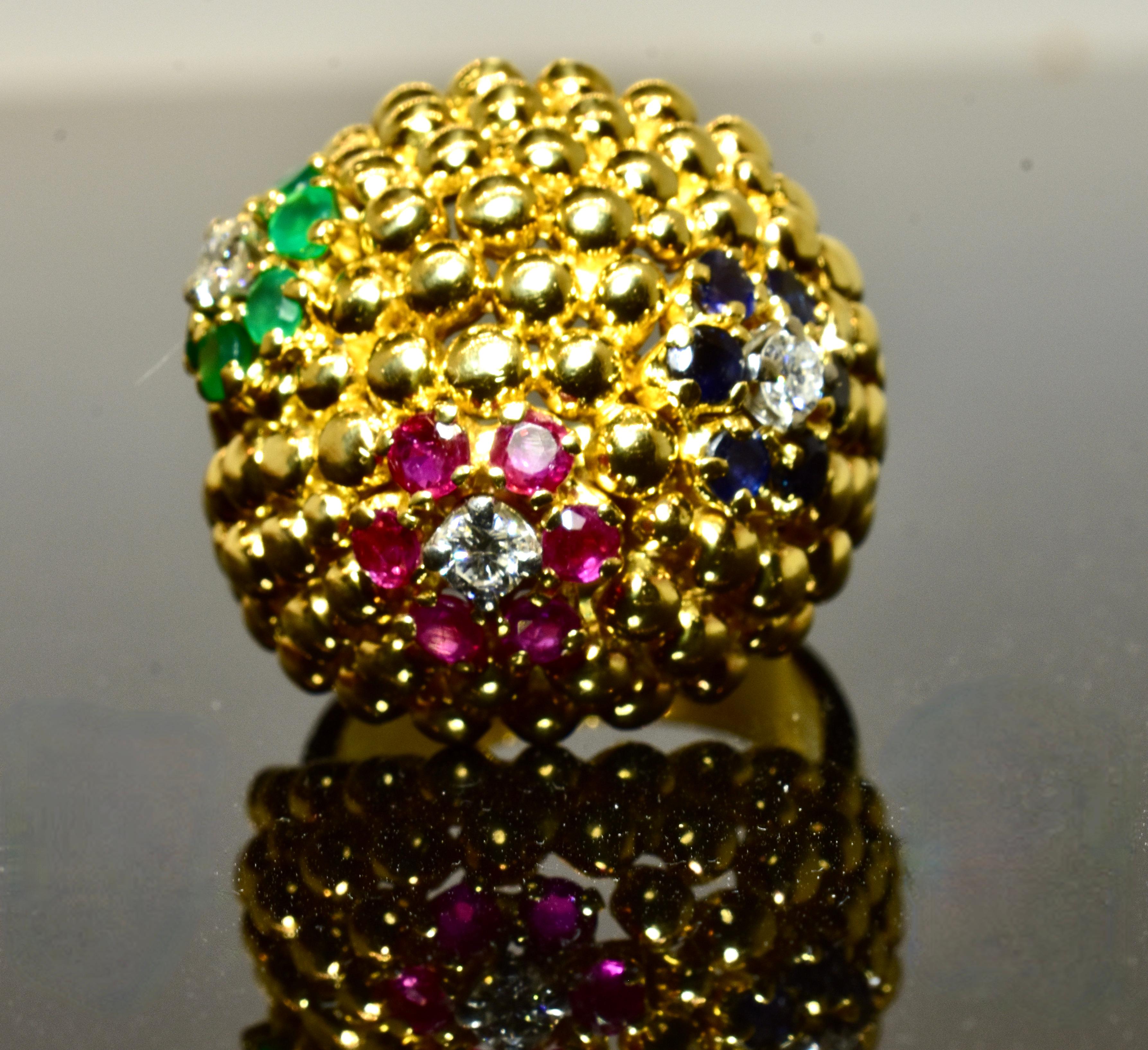 18k Yellow Gold, Diamond, Sapphire, Ruby and Emerald Vintage Bold Ring, C. 1960 For Sale 5