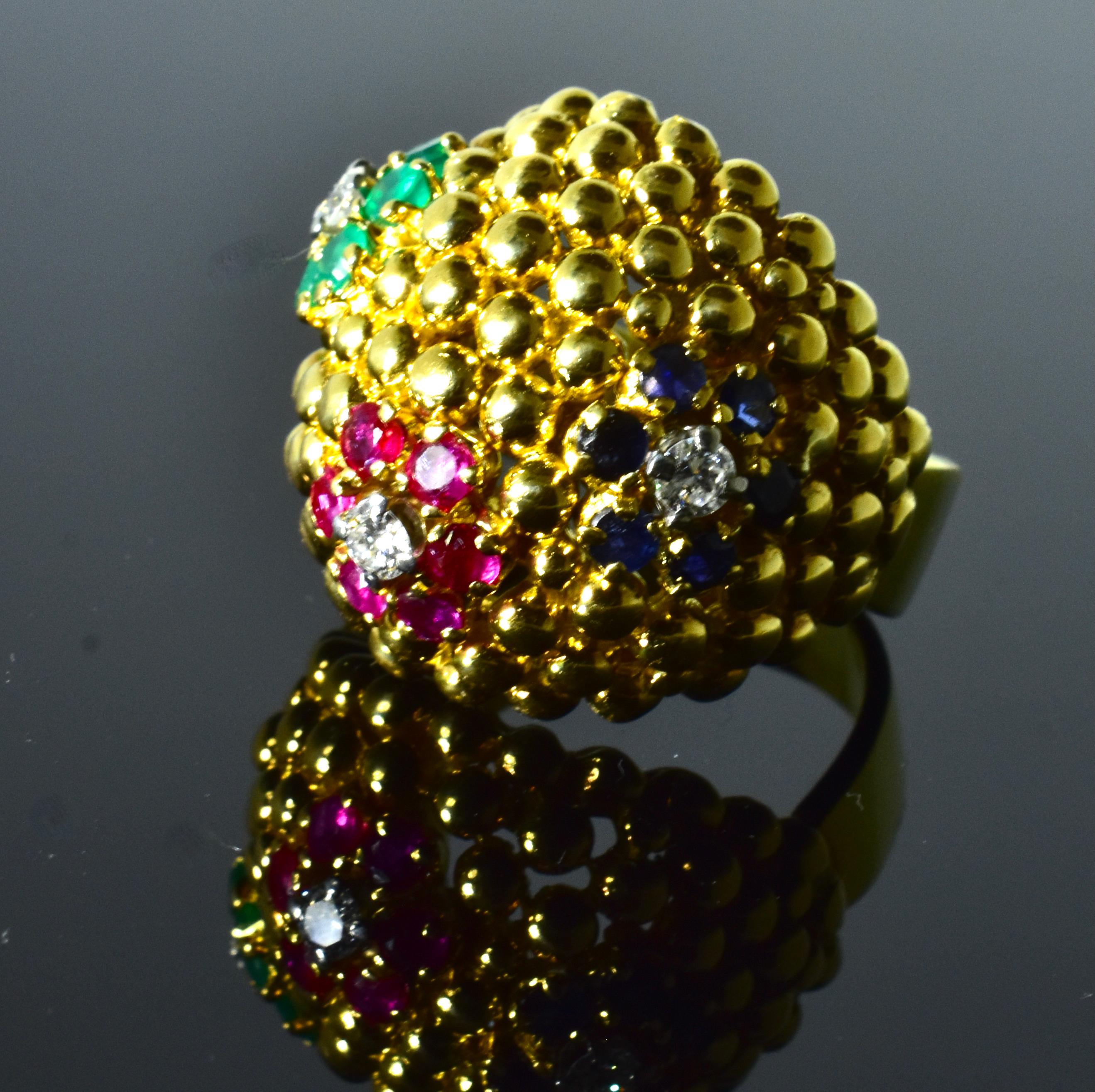 18k Yellow Gold, Diamond, Sapphire, Ruby and Emerald Vintage Bold Ring, C. 1960 For Sale 6