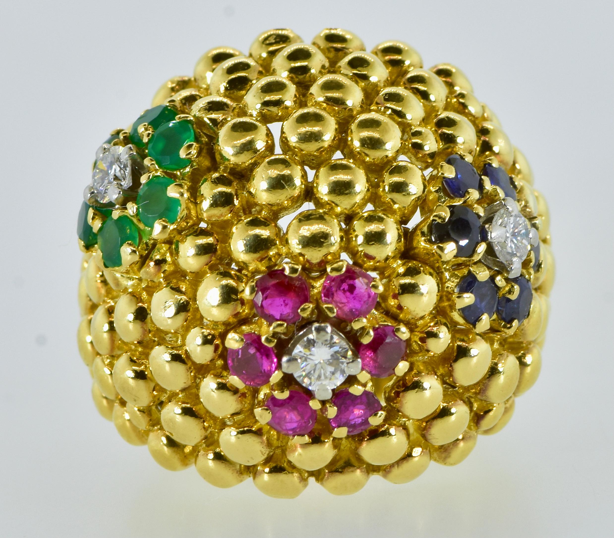 Contemporary 18k Yellow Gold, Diamond, Sapphire, Ruby and Emerald Vintage Bold Ring, C. 1960 For Sale