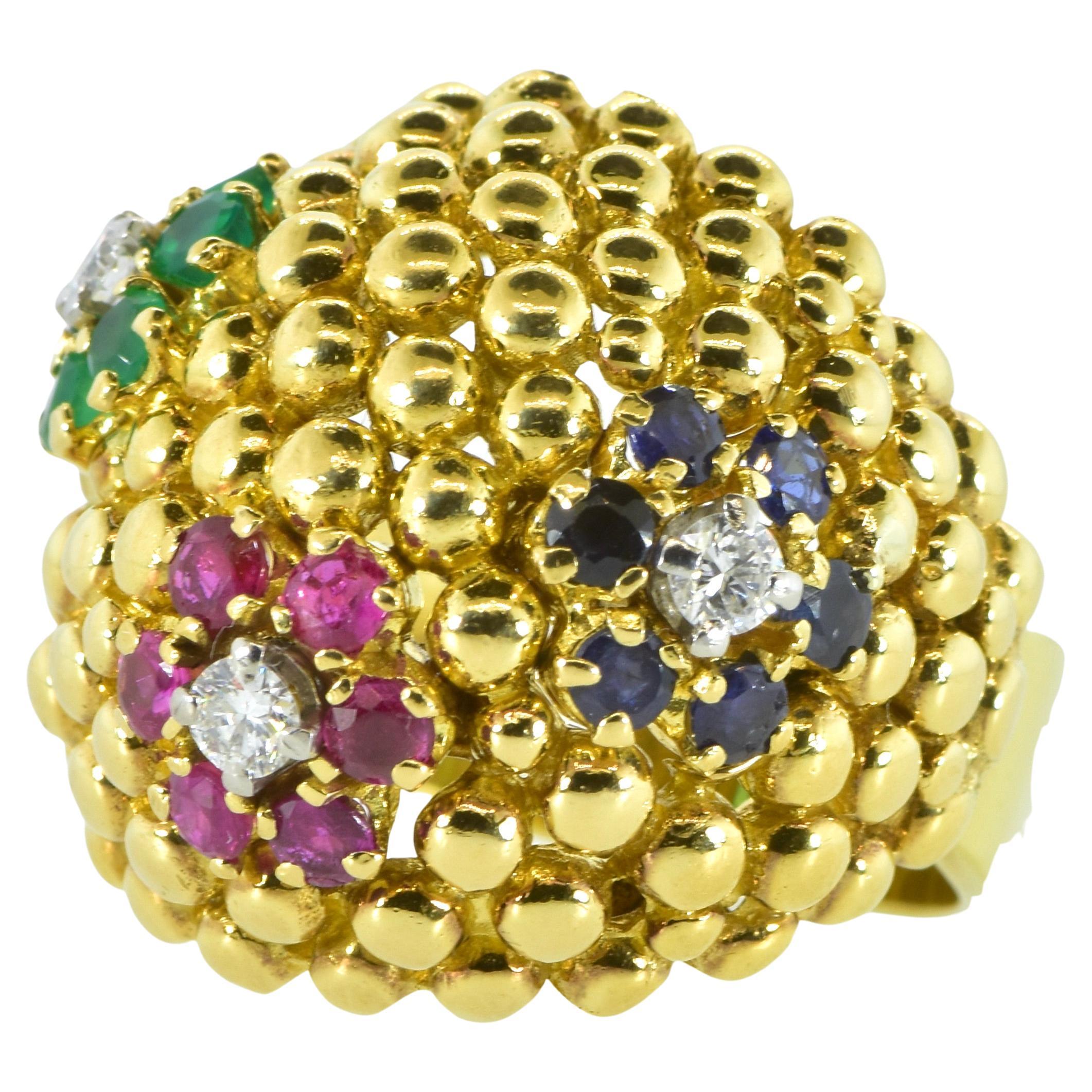 18k Yellow Gold, Diamond, Sapphire, Ruby and Emerald Vintage Bold Ring, C. 1960 For Sale