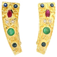 18k Yellow Gold Diamond Sapphire Ruby & Emerald Flower Scene Long Earrings