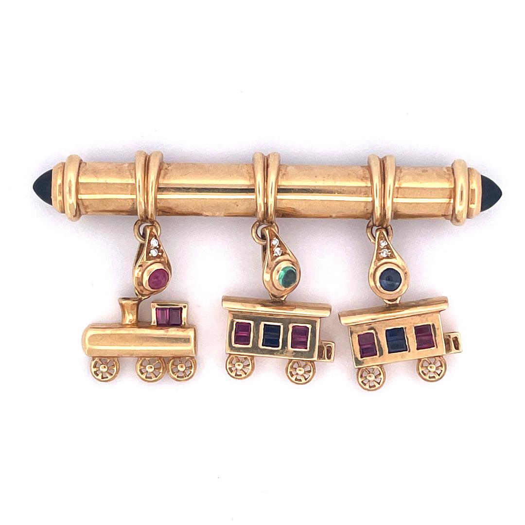 18k Yellow Gold Diamond, Sapphire, Ruby & Emerald Train Brooch In New Condition In New York, NY