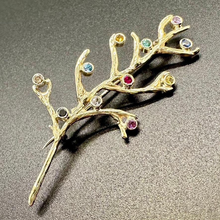 Artist 18k yellow gold, diamond, sapphire, topaz, emerald and ruby rainbow branch pin For Sale