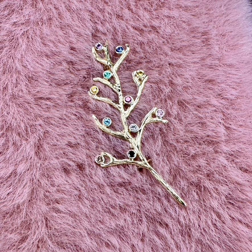 Brilliant Cut 18k yellow gold, diamond, sapphire, topaz, emerald and ruby rainbow branch pin For Sale