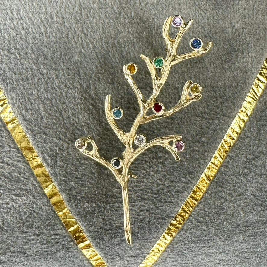 Women's or Men's 18k yellow gold, diamond, sapphire, topaz, emerald and ruby rainbow branch pin For Sale