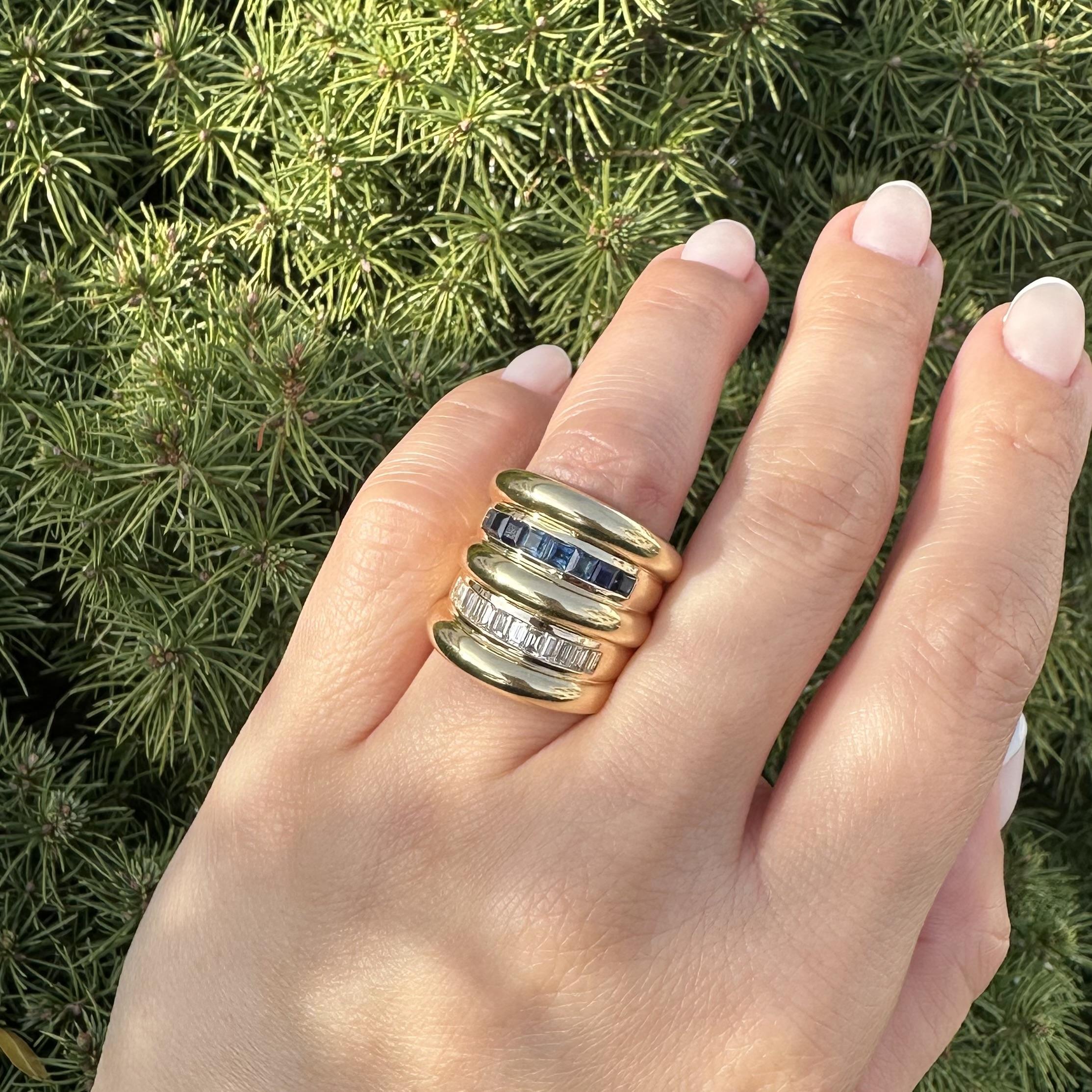 Anello a fascia con diamante e zaffiro in oro giallo 18 carati, con anello a sigaro, a dito intero e ampio in vendita 5