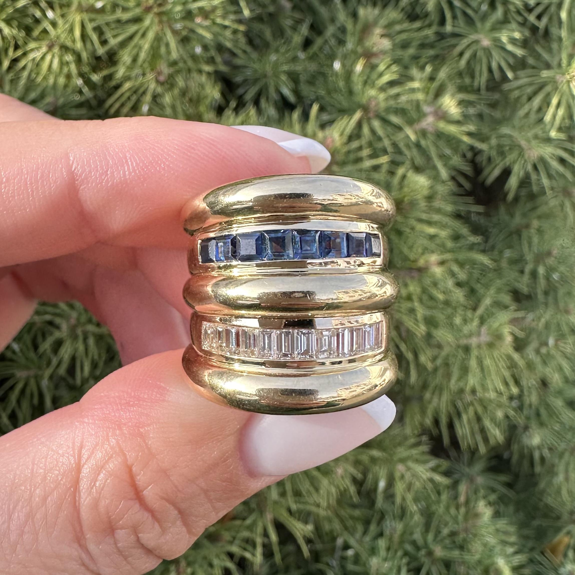 Anello a fascia con diamante e zaffiro in oro giallo 18 carati, con anello a sigaro, a dito intero e ampio in vendita 7