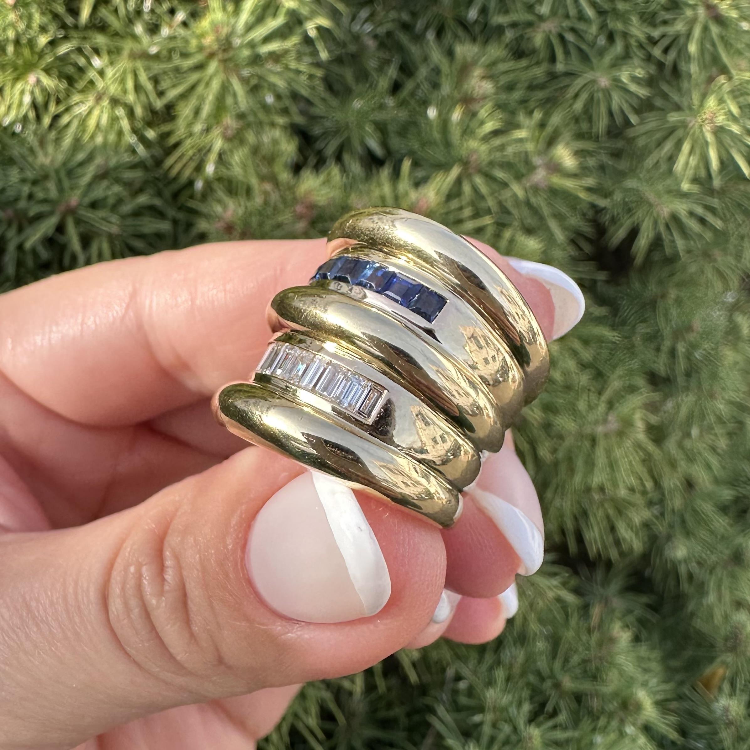 Anello a fascia con diamante e zaffiro in oro giallo 18 carati, con anello a sigaro, a dito intero e ampio in vendita 8