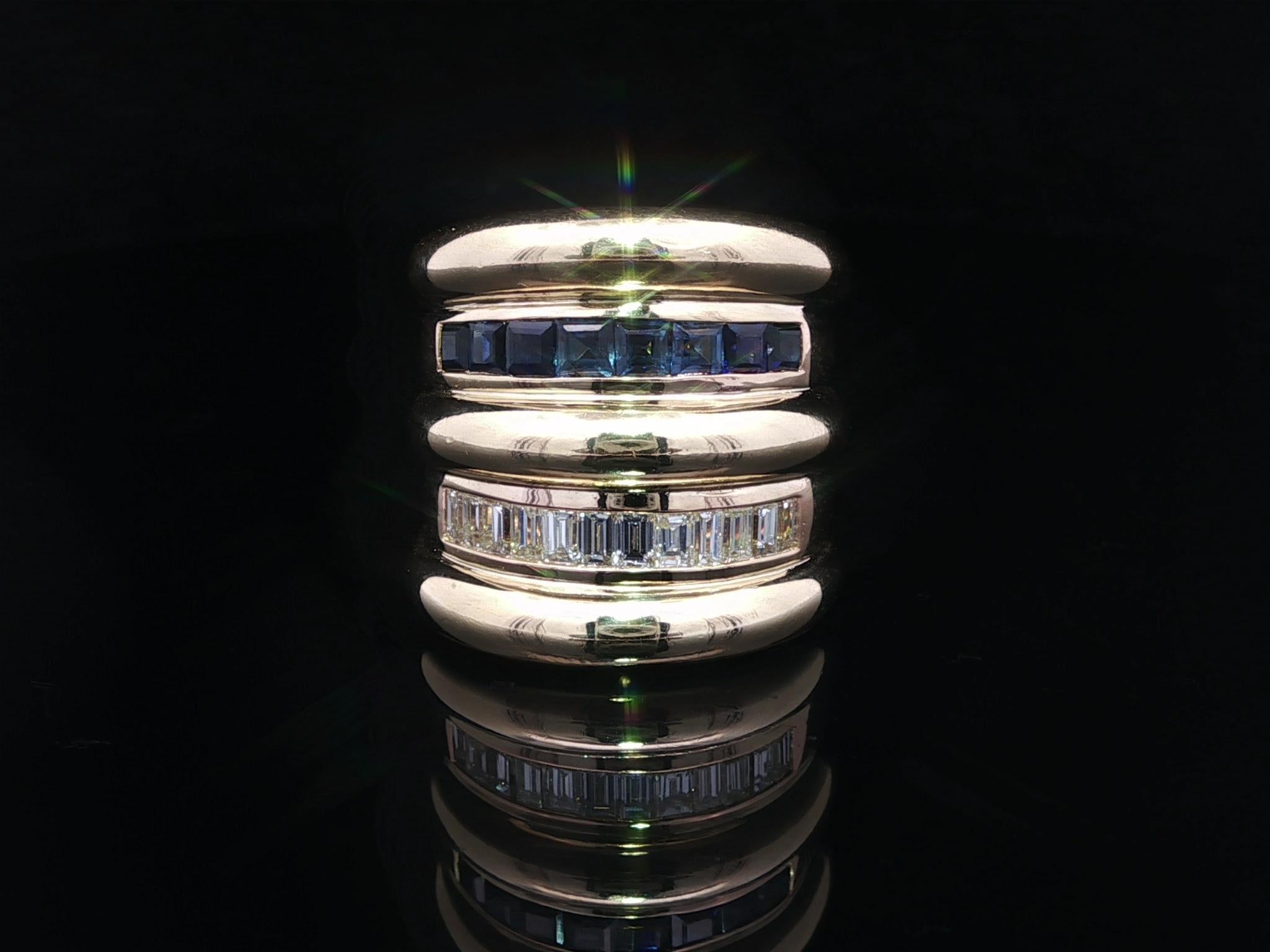 Anello a fascia con diamante e zaffiro in oro giallo 18 carati, con anello a sigaro, a dito intero e ampio in vendita 2