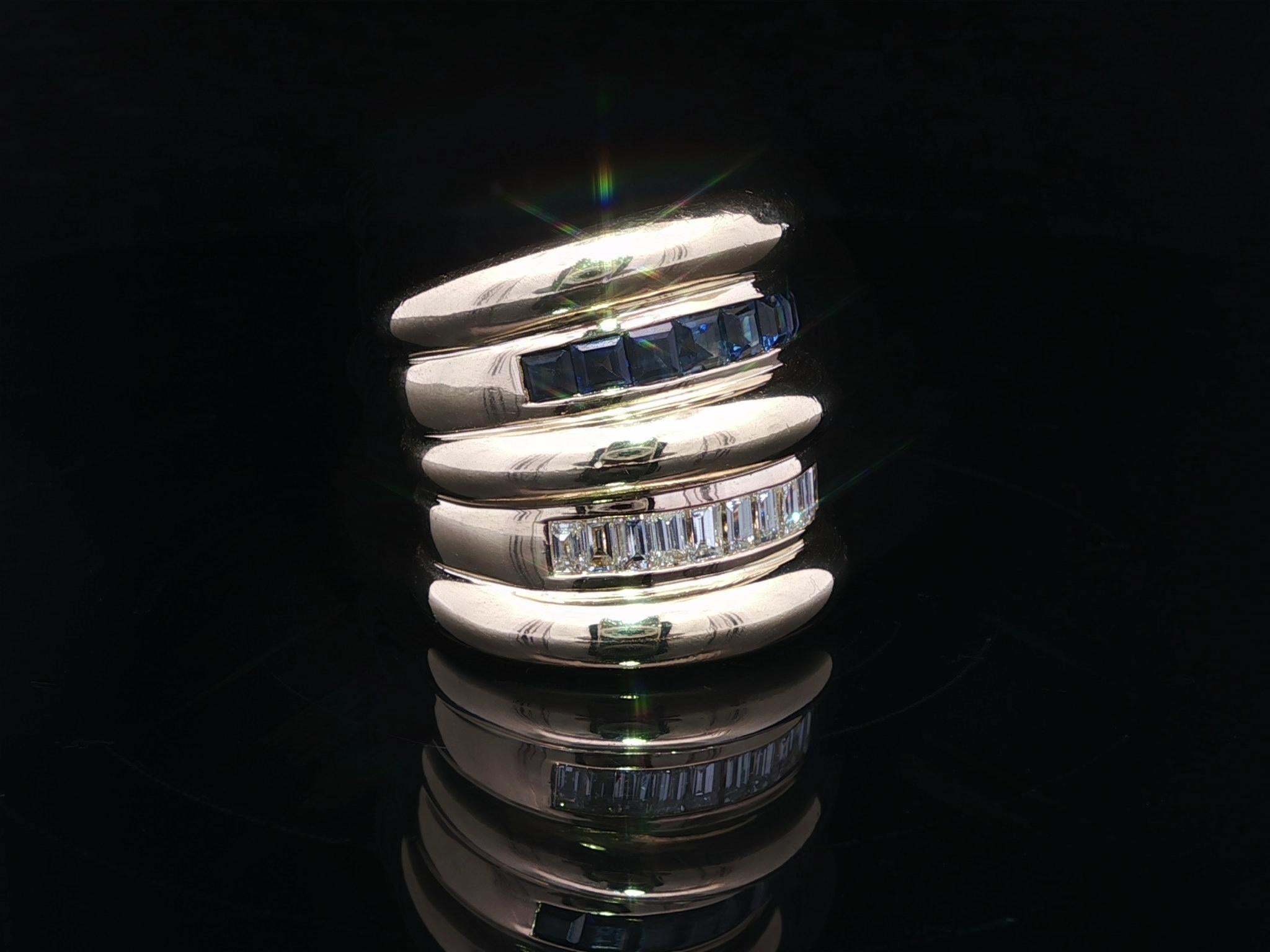 Anello a fascia con diamante e zaffiro in oro giallo 18 carati, con anello a sigaro, a dito intero e ampio in vendita 3