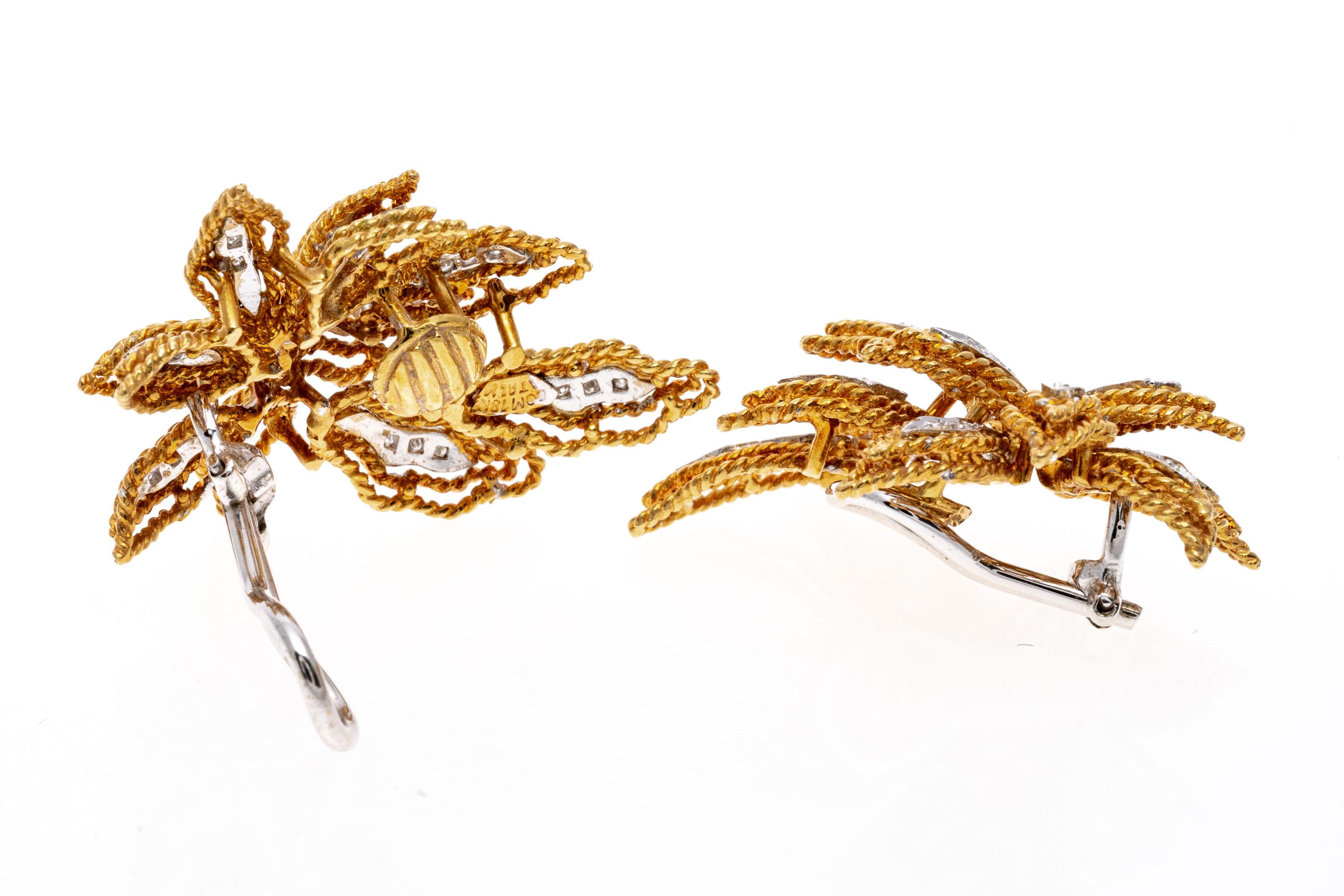 18k Yellow Gold Diamond Set Leaf Motif cluster Earrings For Sale 1