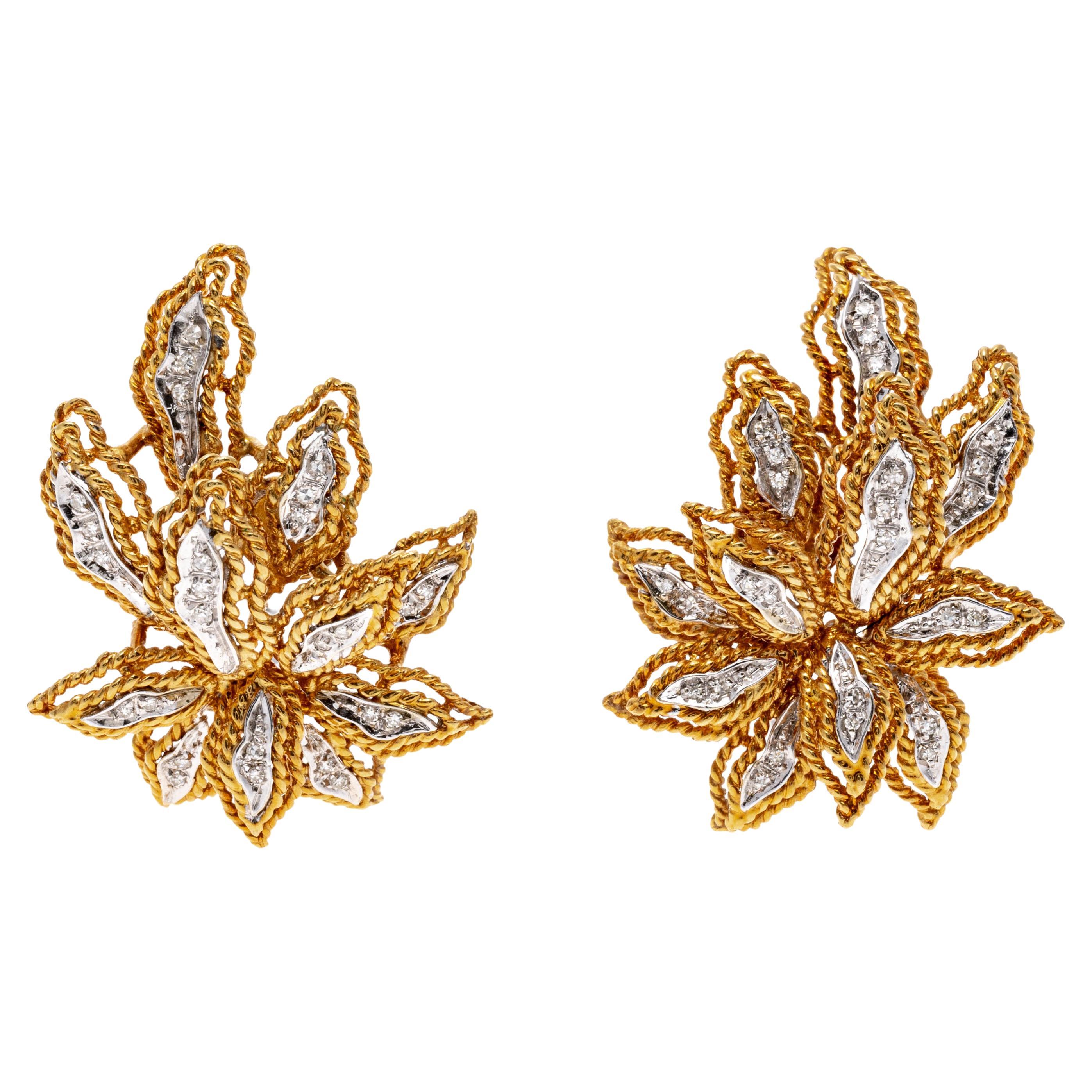 18k Yellow Gold Diamond Set Leaf Motif cluster Earrings