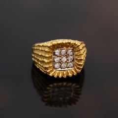 18K Yellow Gold Diamond Signet Ring, Textured Finish, Unisex
