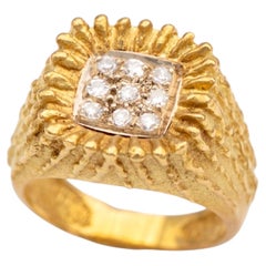 18K Yellow Gold Diamond Signet Ring, Textured Finish, Unisex