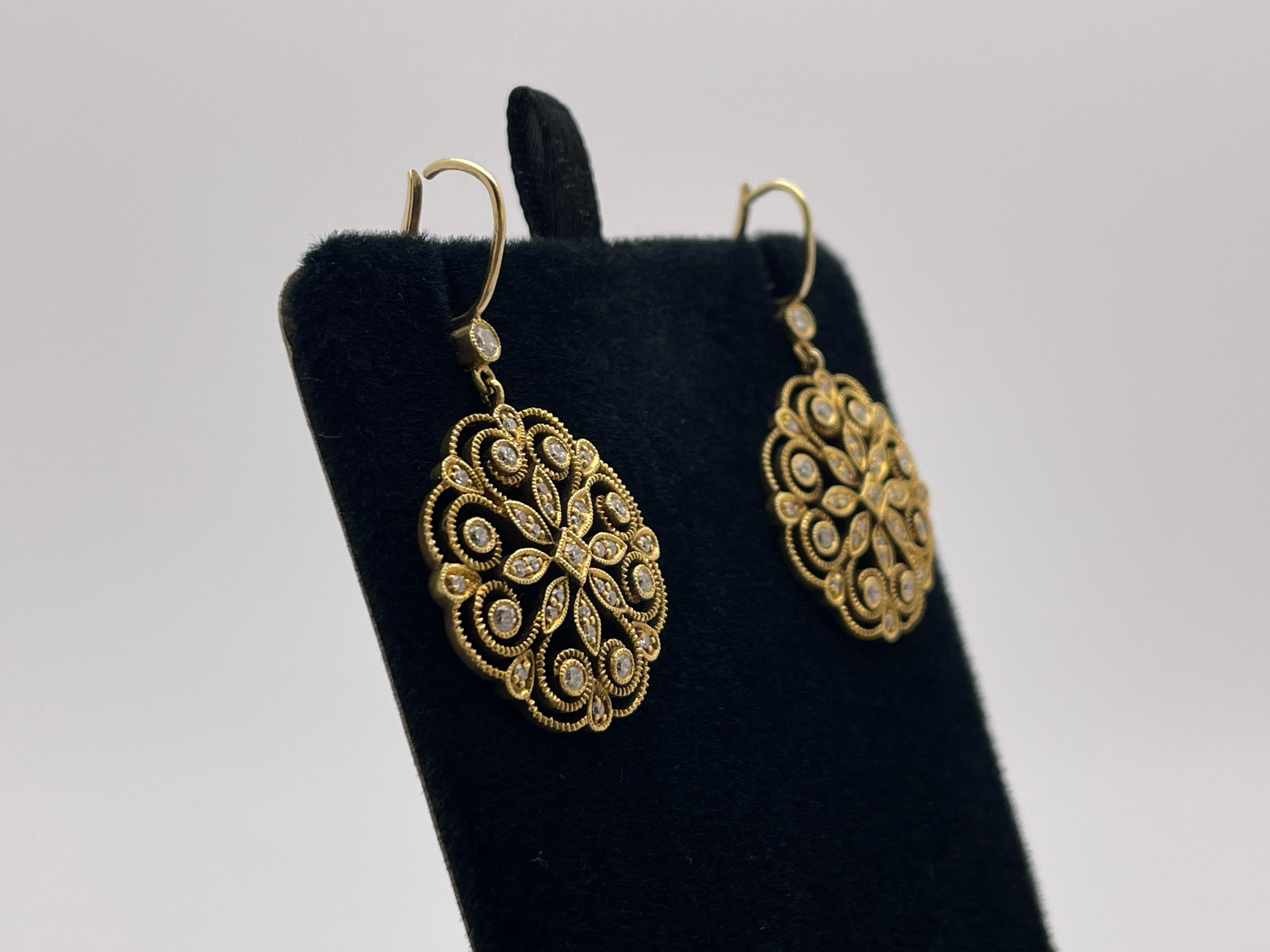 Round Cut 18K Yellow Gold Diamond Snowflake Earrings For Sale