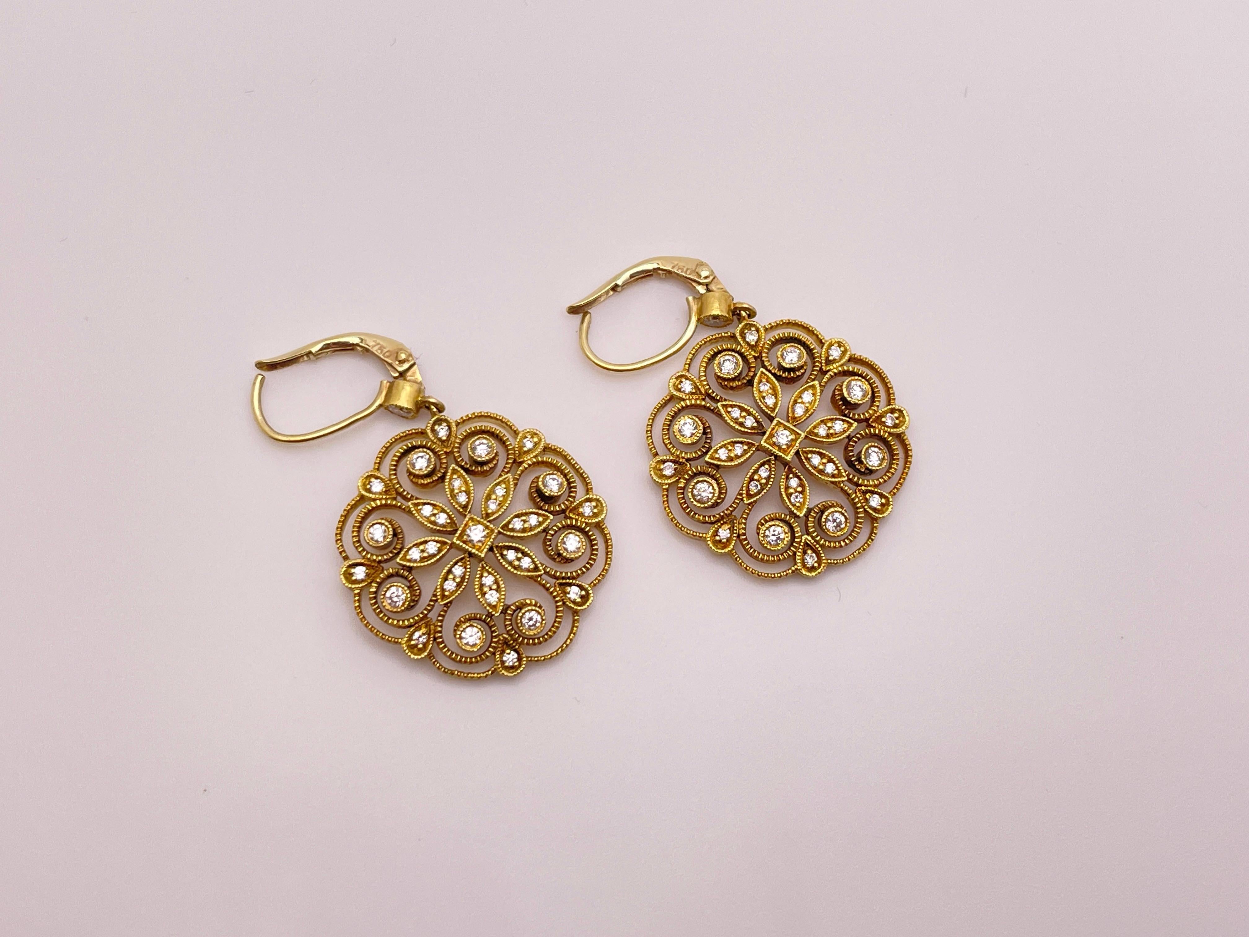 Women's or Men's 18K Yellow Gold Diamond Snowflake Earrings For Sale