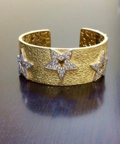 18K Yellow Gold Diamond Star Cuff Bangle Bracelet