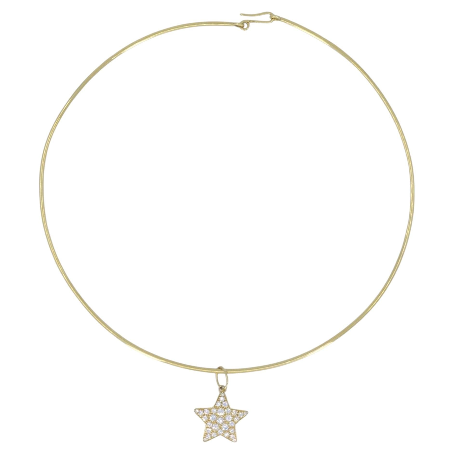 18k Yellow Gold Diamond Star Pendant Wire Choker Necklace