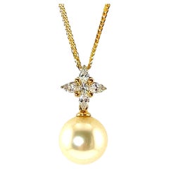 18K Yellow Gold Diamond Star & South Sea Golden Pearl Pendant Necklace