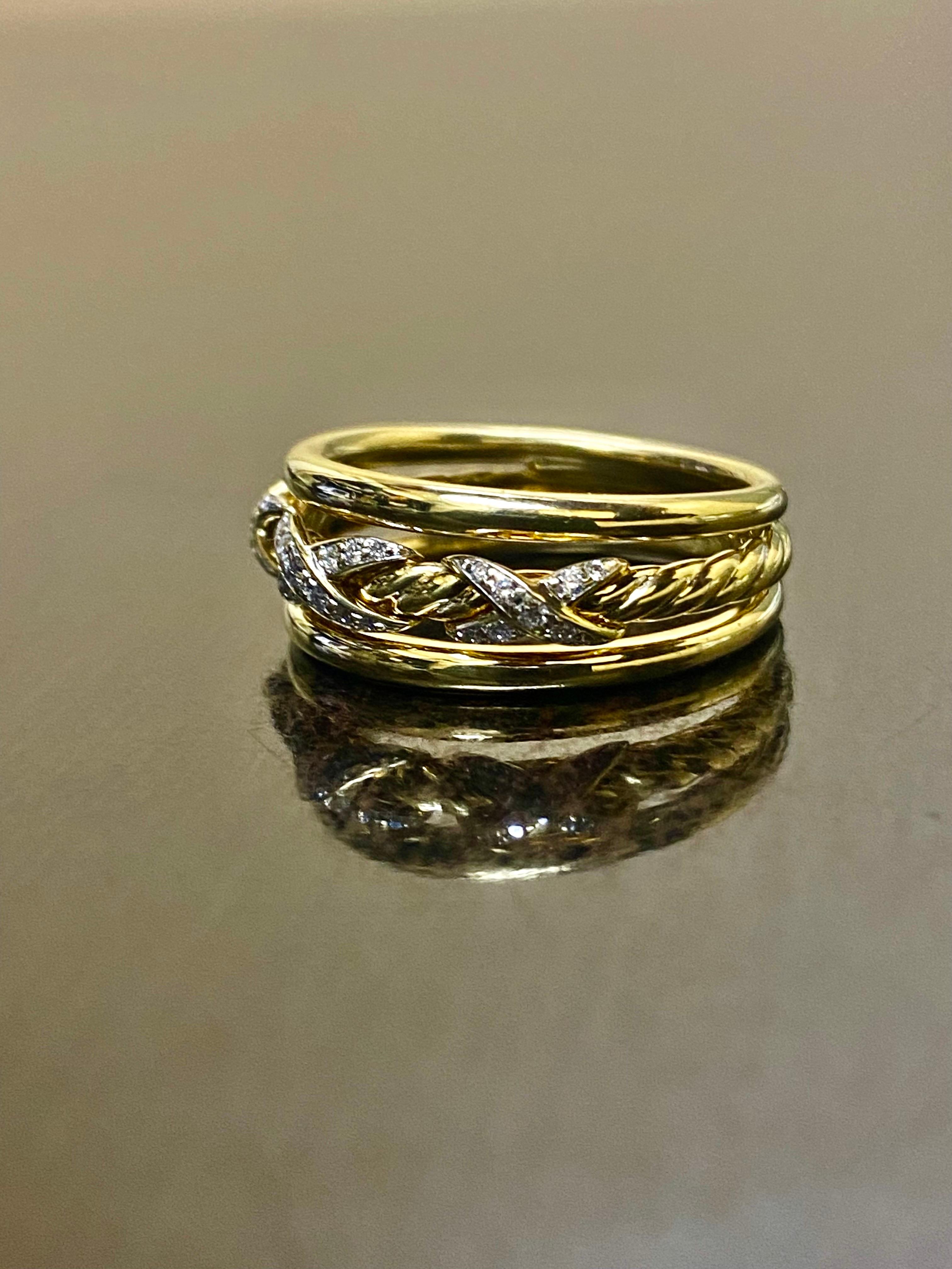 18K Yellow Gold Diamond Three X Crossover David Yurman Cable Ring In Excellent Condition For Sale In Los Angeles, CA