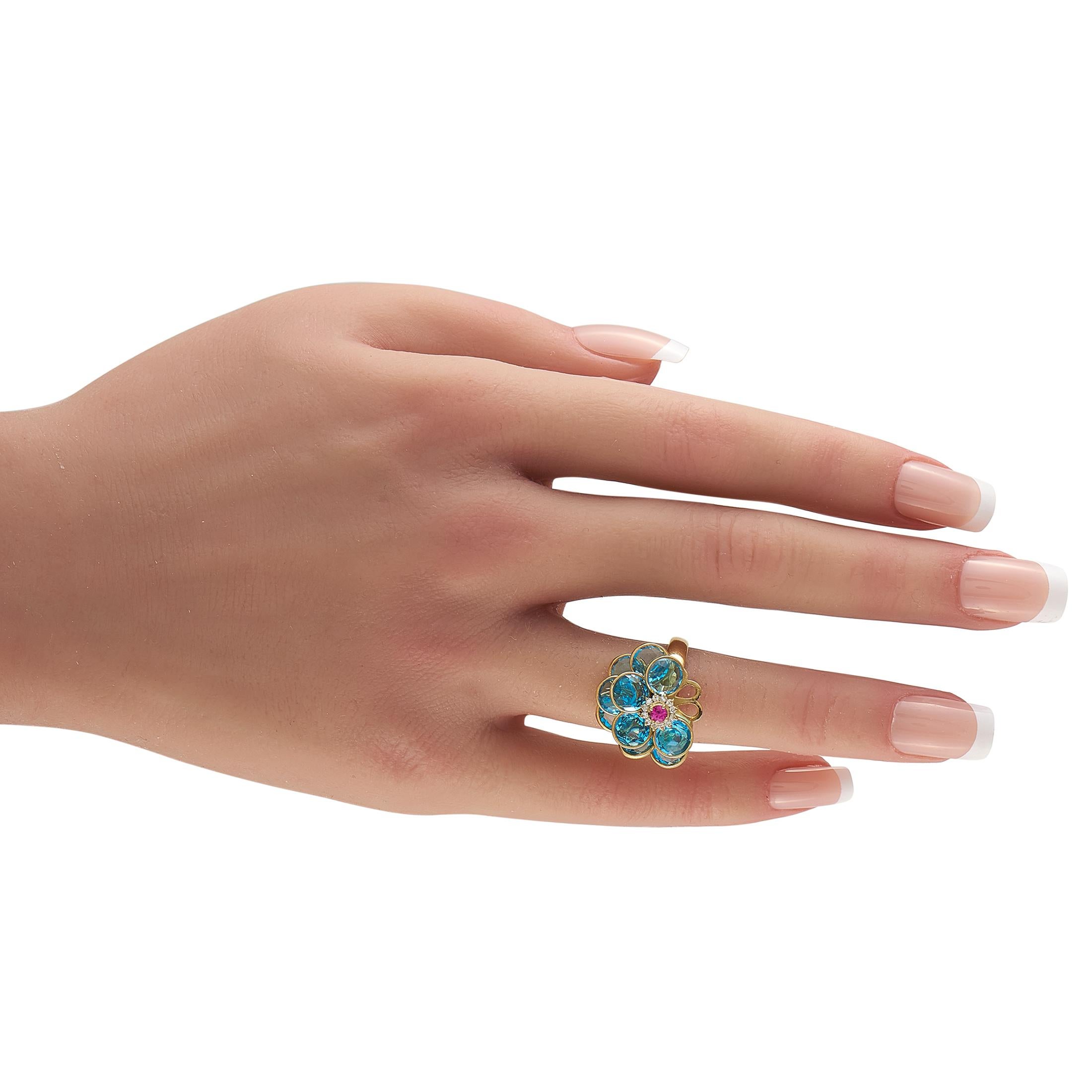 18K Gelbgold Diamant, Topas und Rubin Ring (Rundschliff) im Angebot