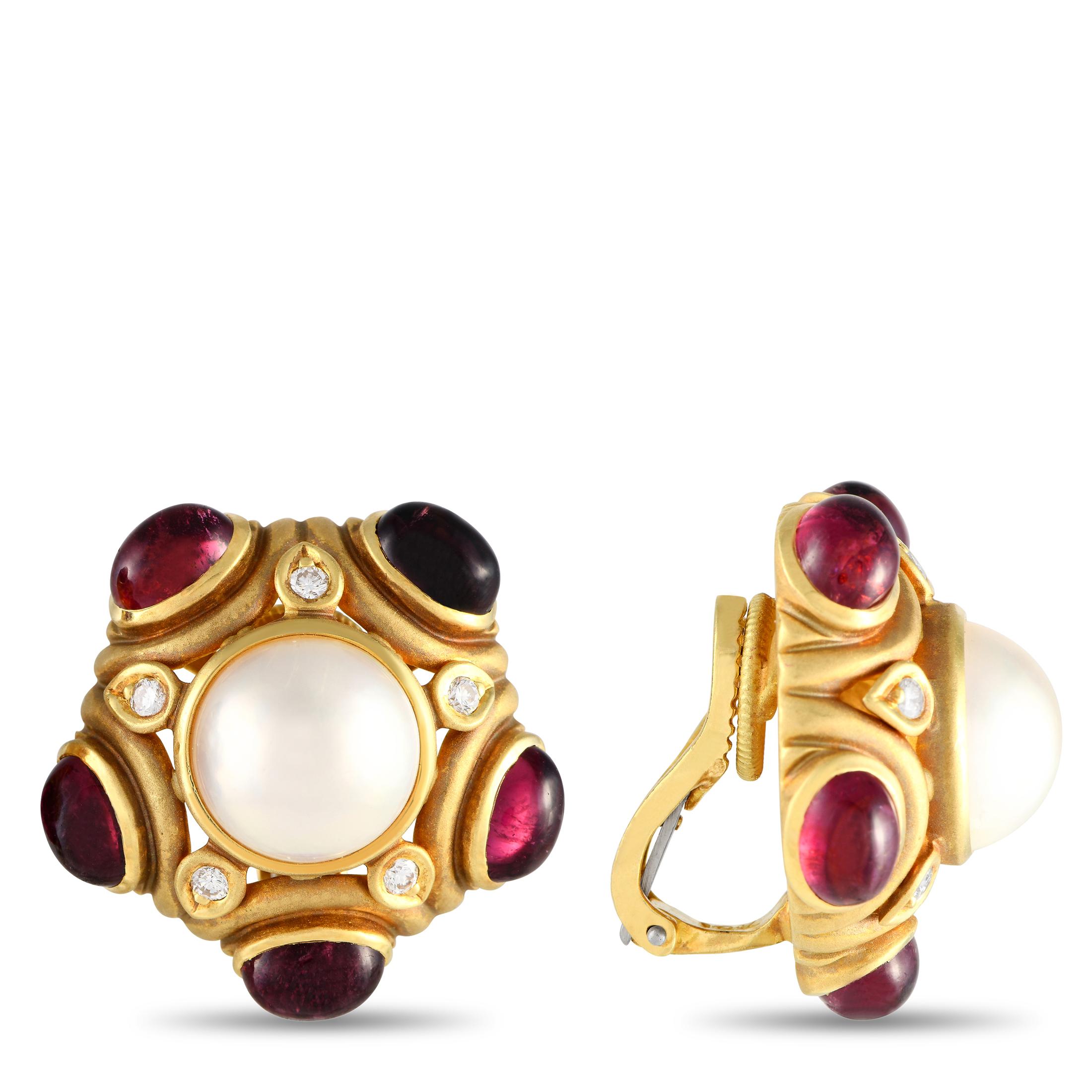 A unique 18K Yellow Gold setting makes these luxury earrings instantly captivating. Each one features an opulent 18K Yellow Gold setting that measures 1.10 round. Red Tourmaline gemstones with a total weight of 12.0 carats add a pop of color to the