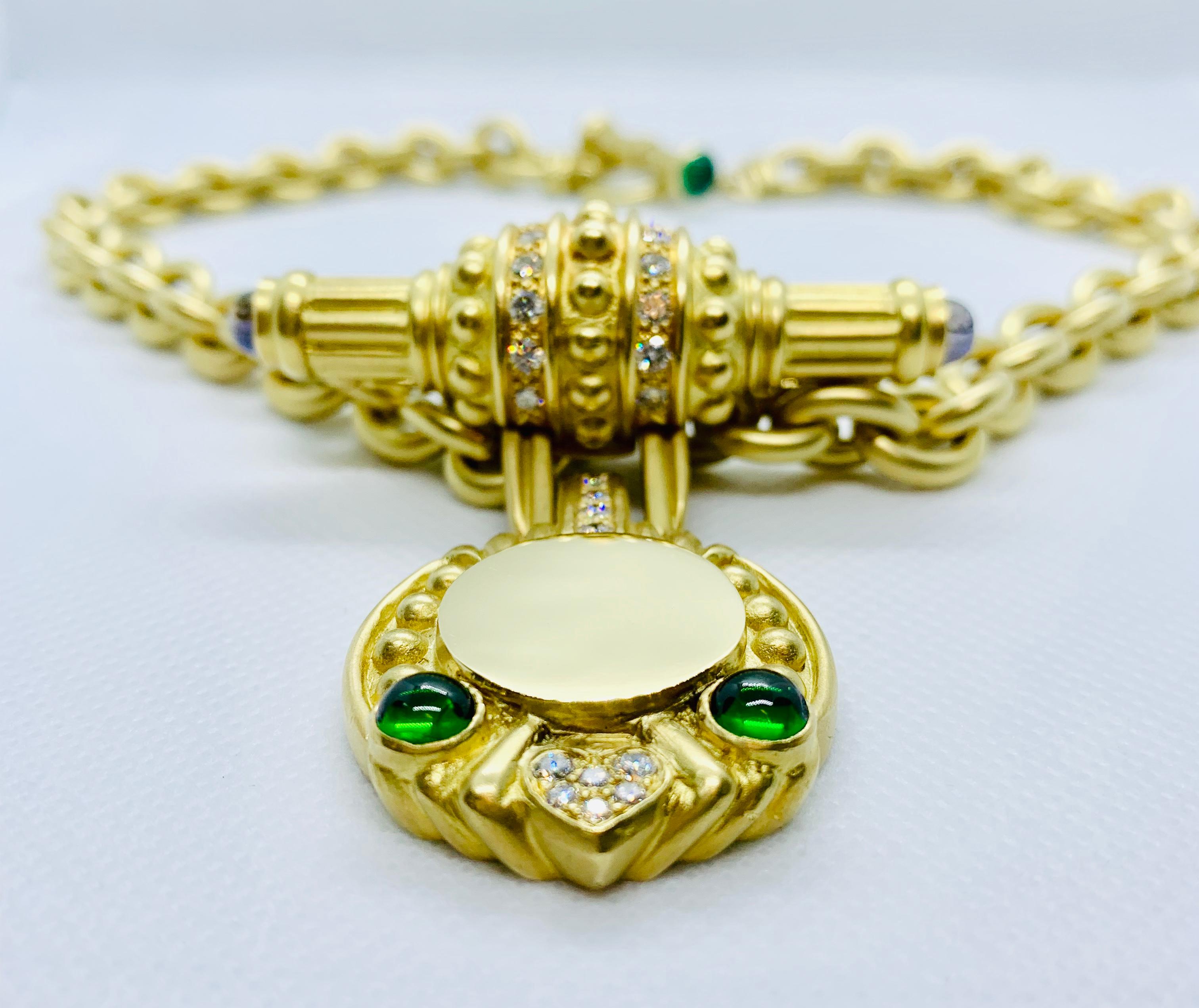 Etruscan Revival 18 Karat Yellow Gold, Diamond and Tourmaline Engrave-Able Enhancer on Chain