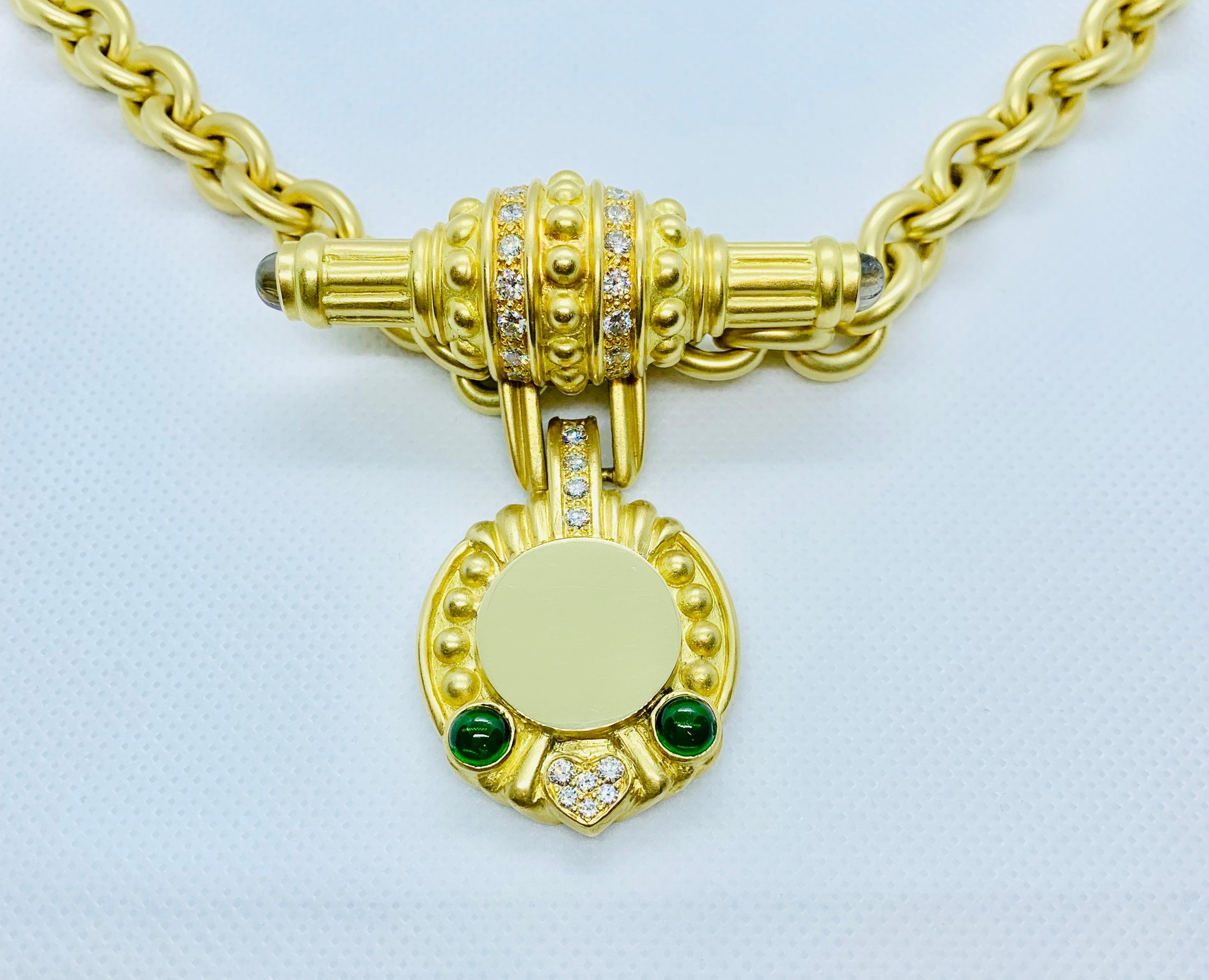 Round Cut 18 Karat Yellow Gold, Diamond and Tourmaline Engrave-Able Enhancer on Chain