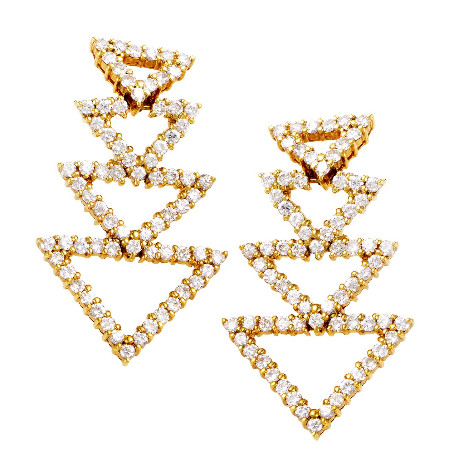 18 Karat Yellow Gold Diamond Triangle Earrings ST-12 In New Condition In Southampton, PA