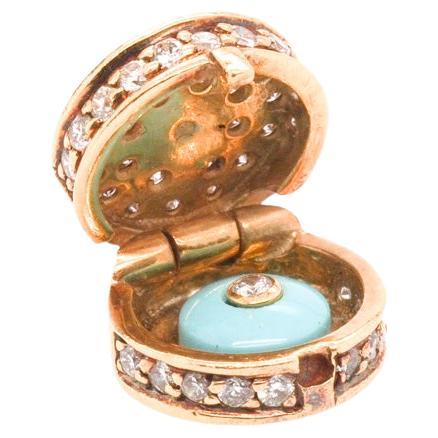18Karat Yellow Gold Diamond & Turquoise “Peek a Boo” Pendant For Sale