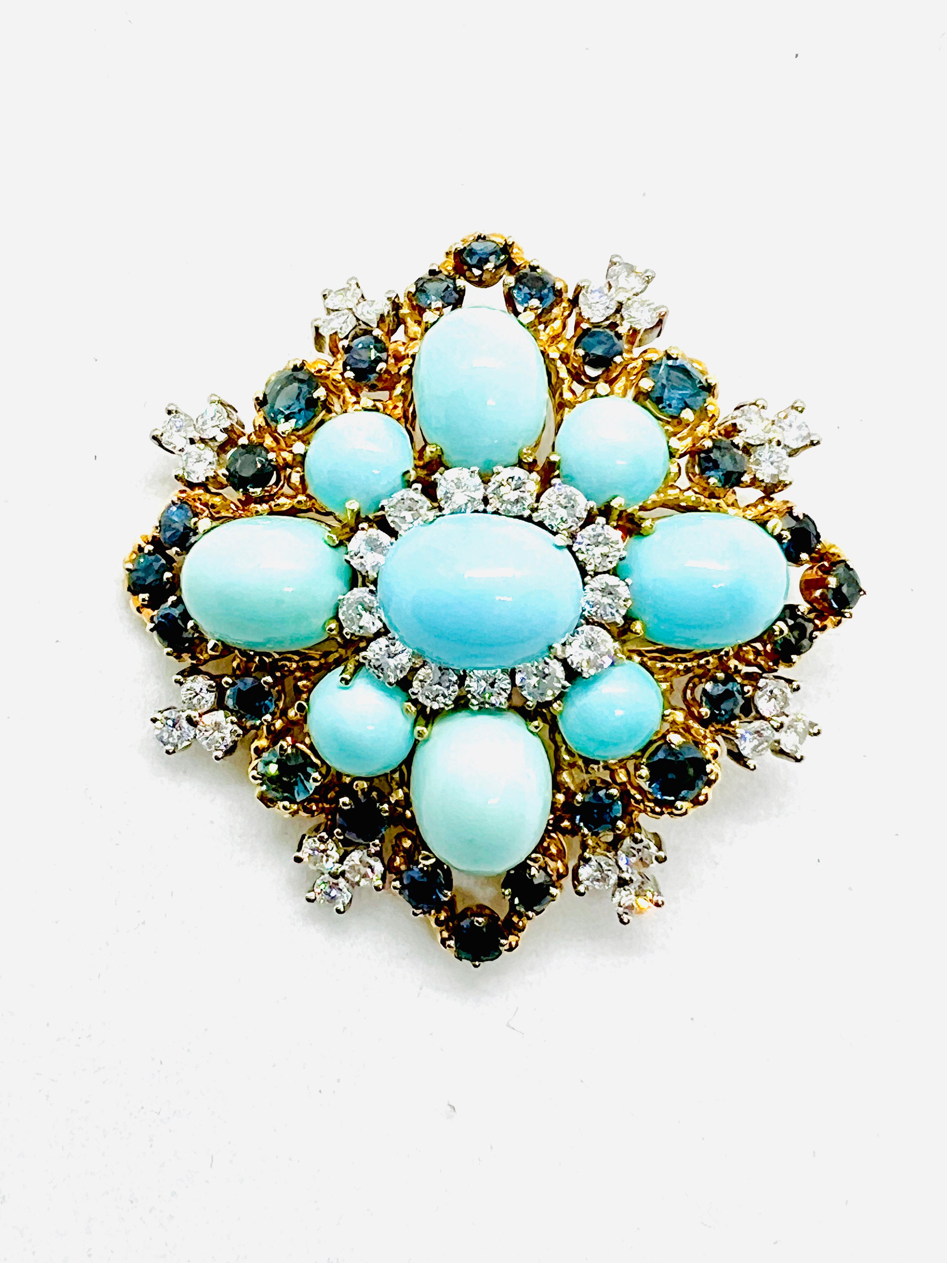 Art Deco 18K yellow Gold Diamond, Turquoise & Sapphire 2 inch Square Brooch For Sale