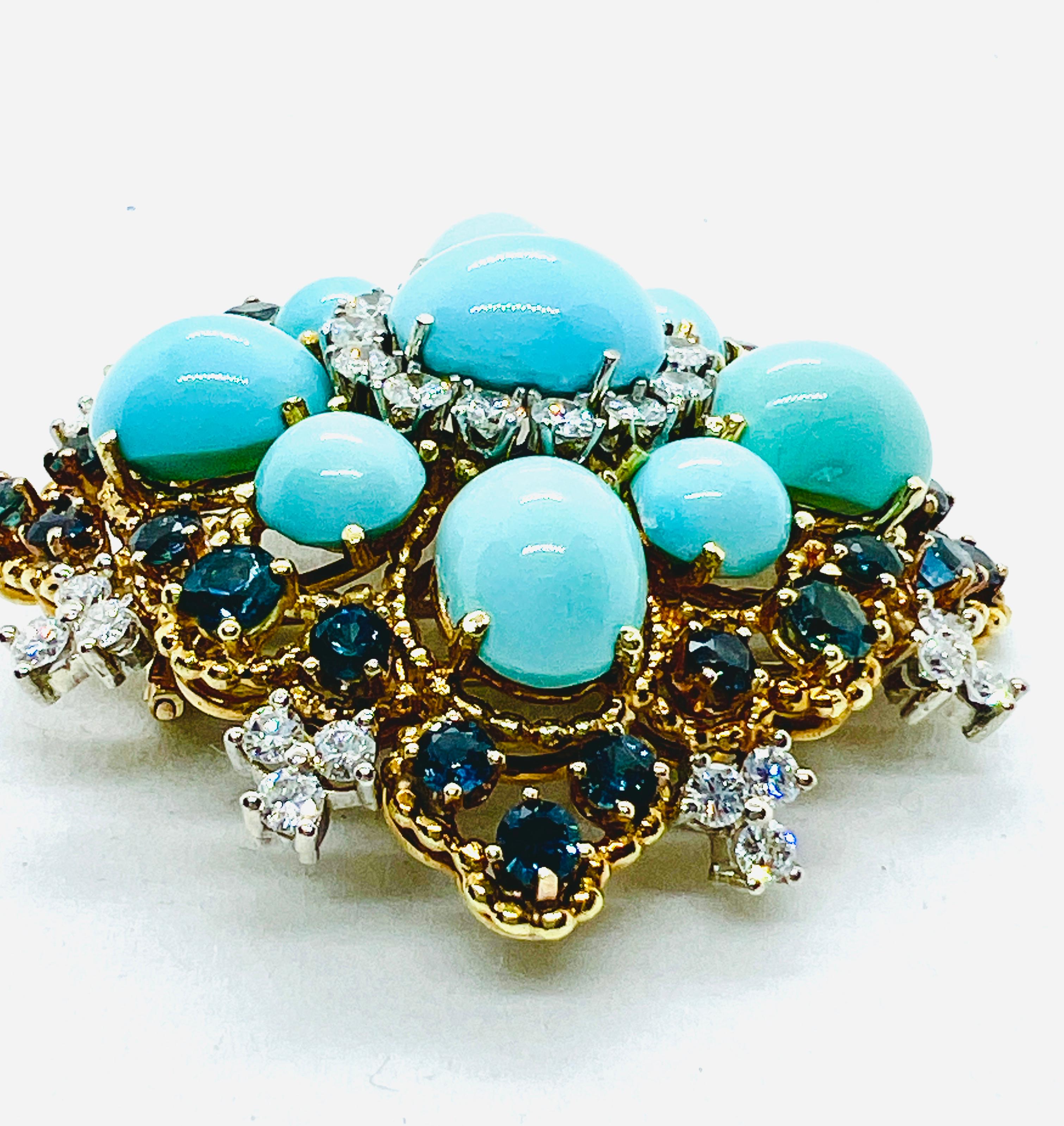 Brilliant Cut 18K yellow Gold Diamond, Turquoise & Sapphire 2 inch Square Brooch For Sale