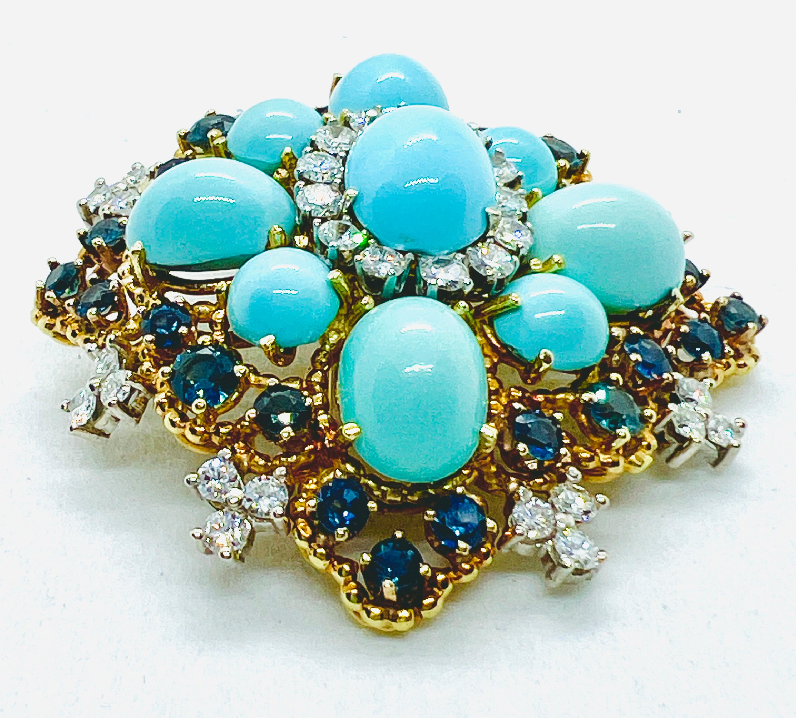 18K yellow Gold Diamond, Turquoise & Sapphire 2 inch Square Brooch In Excellent Condition For Sale In Birmingham, AL