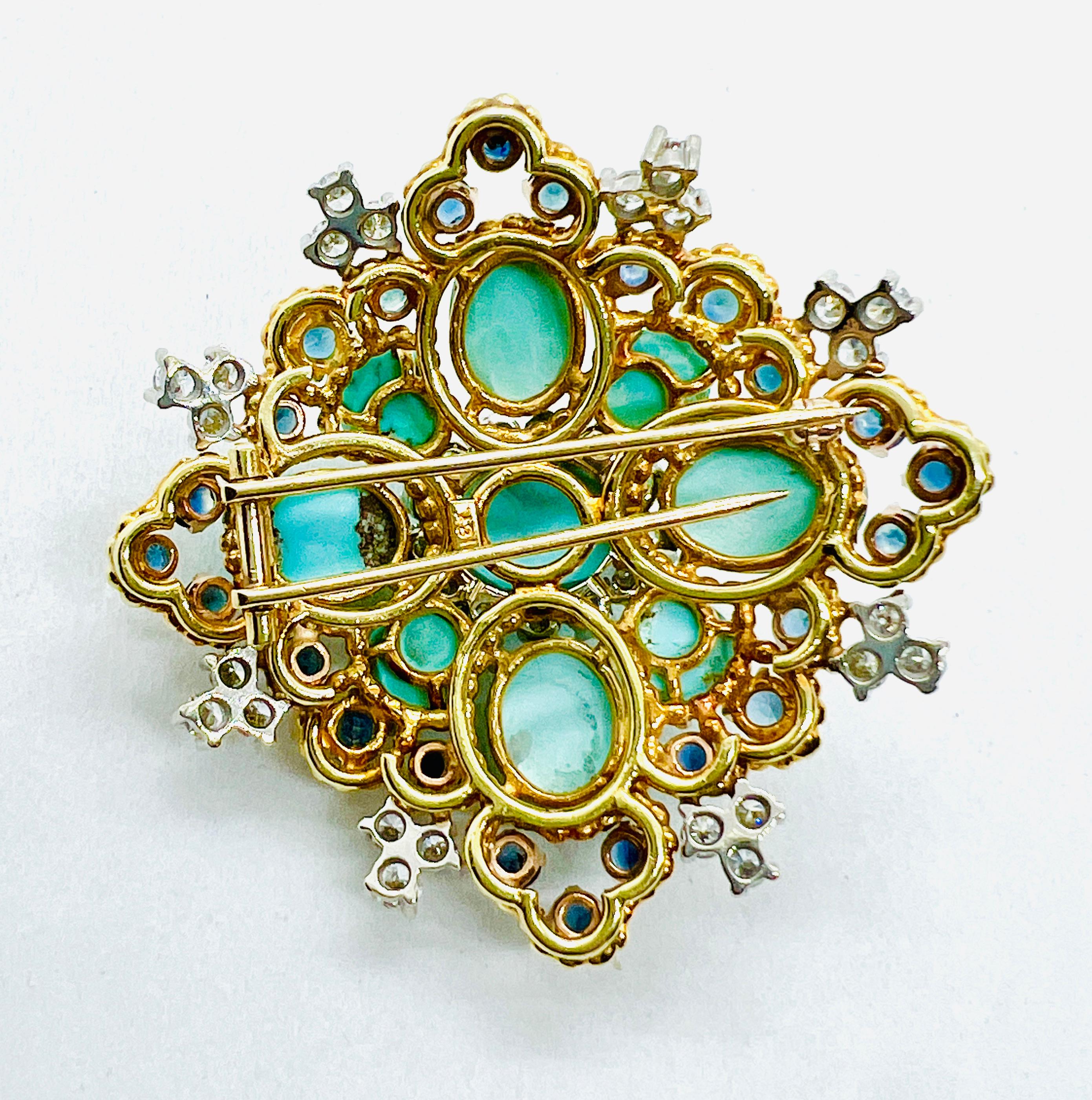 18K yellow Gold Diamond, Turquoise & Sapphire 2 inch Square Brooch For Sale 1
