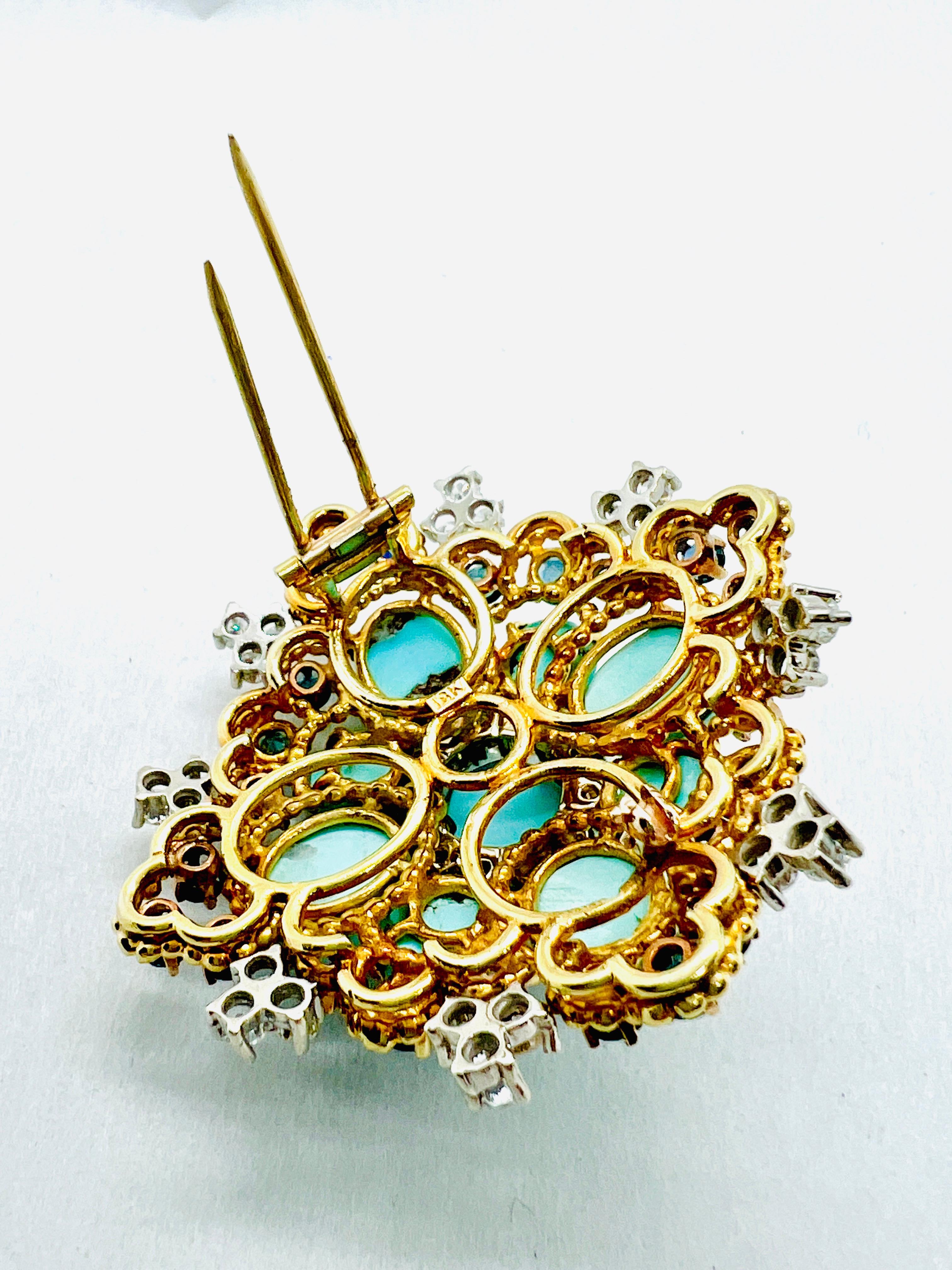18K yellow Gold Diamond, Turquoise & Sapphire 2 inch Square Brooch For Sale 2