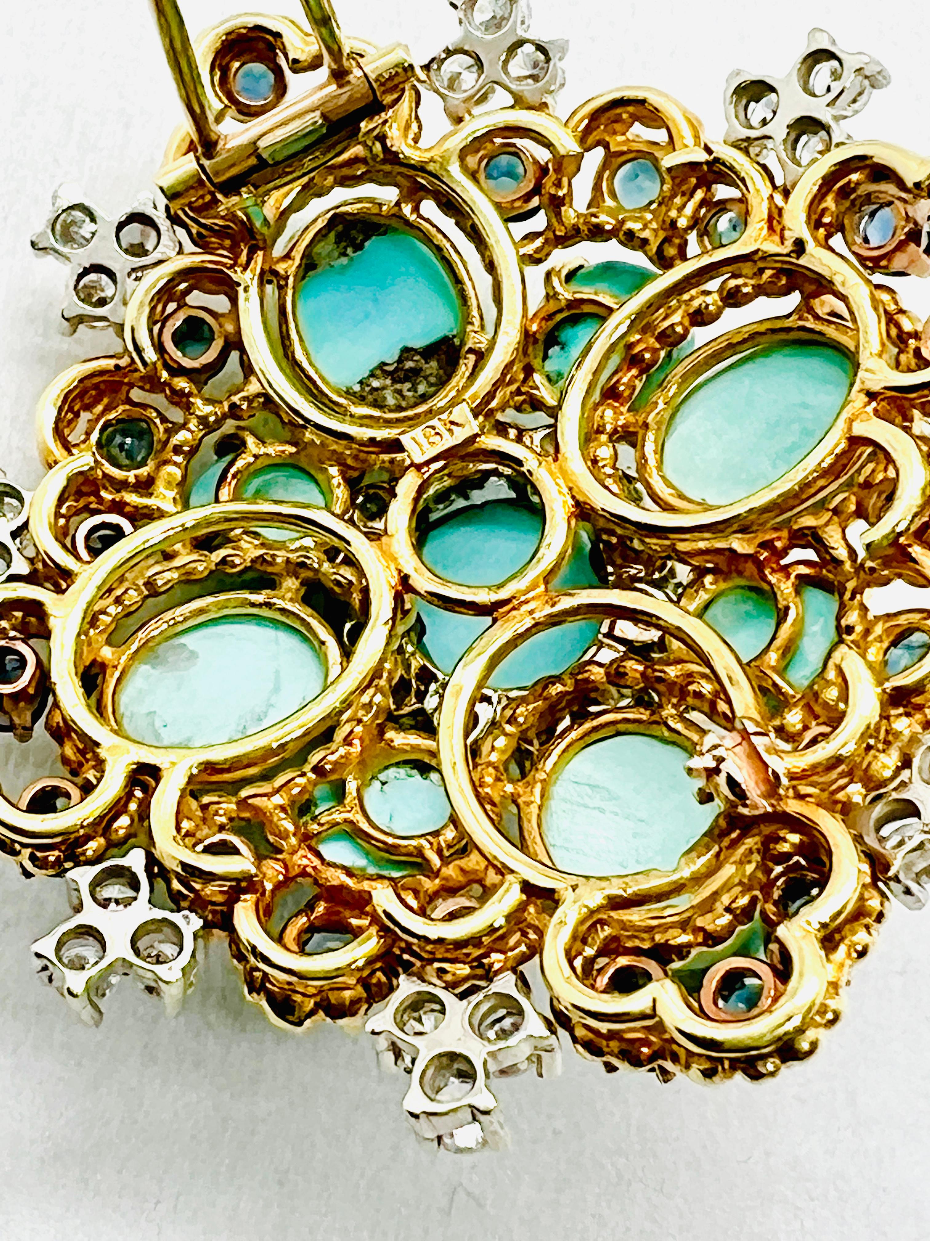 18K yellow Gold Diamond, Turquoise & Sapphire 2 inch Square Brooch For Sale 3