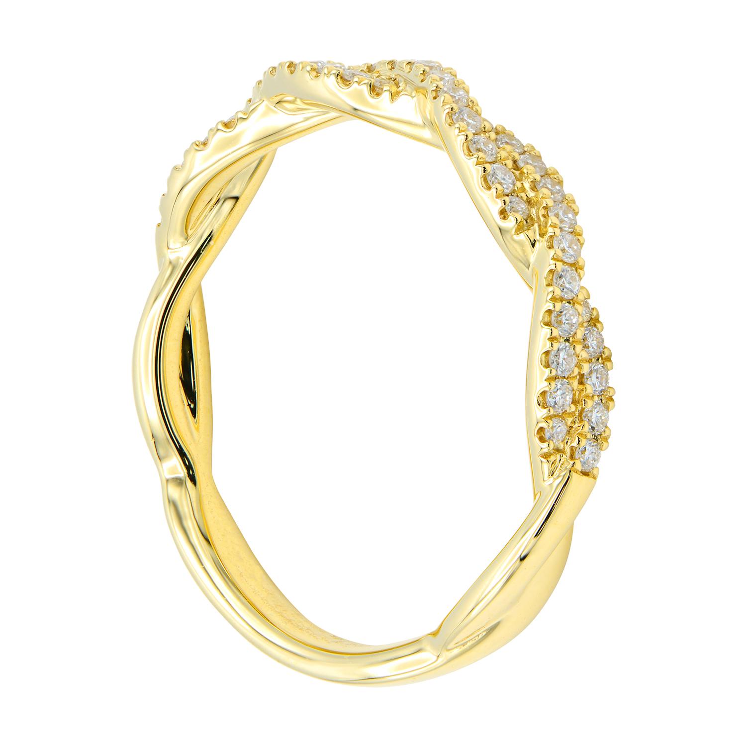This stunning band is made from 2.4 grams of 18 karat yellow gold. The ring looks like there are two rows of diamonds being twisted around each other to create a beautiful variation to the classic diamond band. There are 43 round VS2, G color