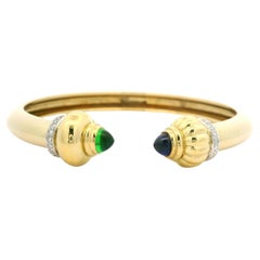 18k Yellow Gold Diamond w/ Green & Blue Stones Flexible Open Cuff Bangle