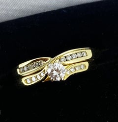 18K Yellow Gold & Diamond Wedding Set: Engagement Ring & Diamond Wedding Band