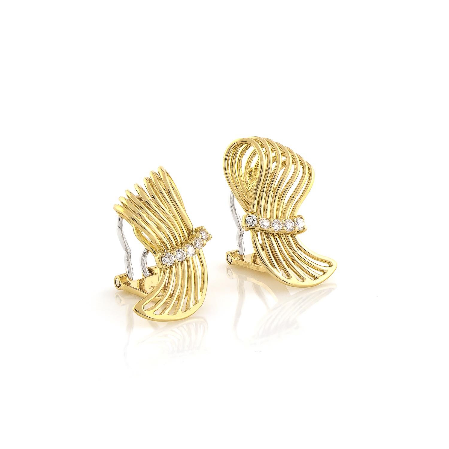 Modern 18 Karat Yellow Gold Diamond Wire Ribbon Earrings and Pin