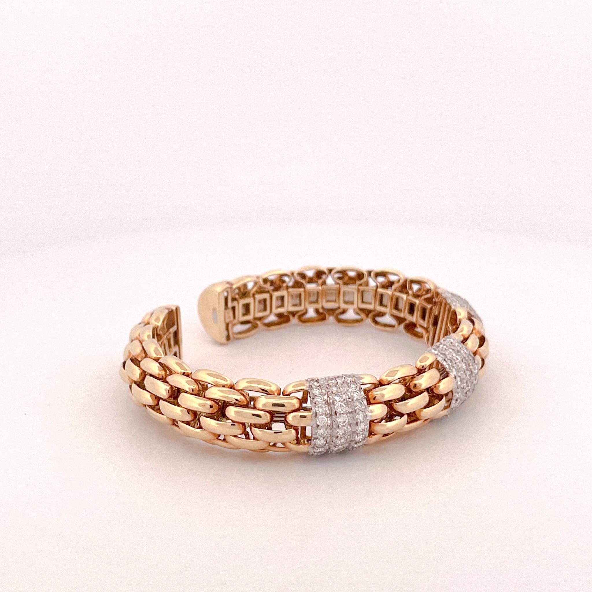 18k Yellow Gold Diamond Woven Link Cuff Bracelet For Sale 4