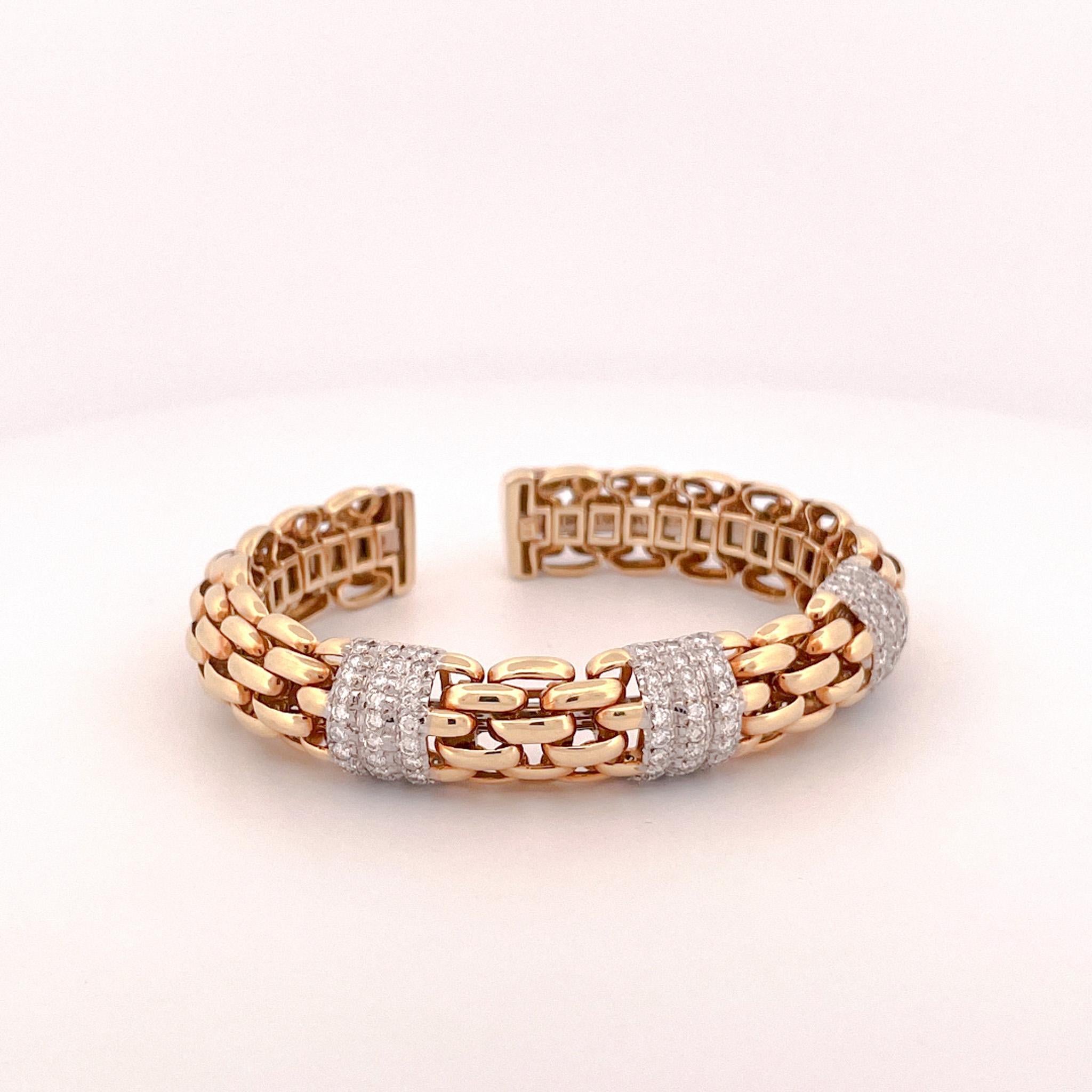 18k Yellow Gold Diamond Woven Link Cuff Bracelet For Sale 5