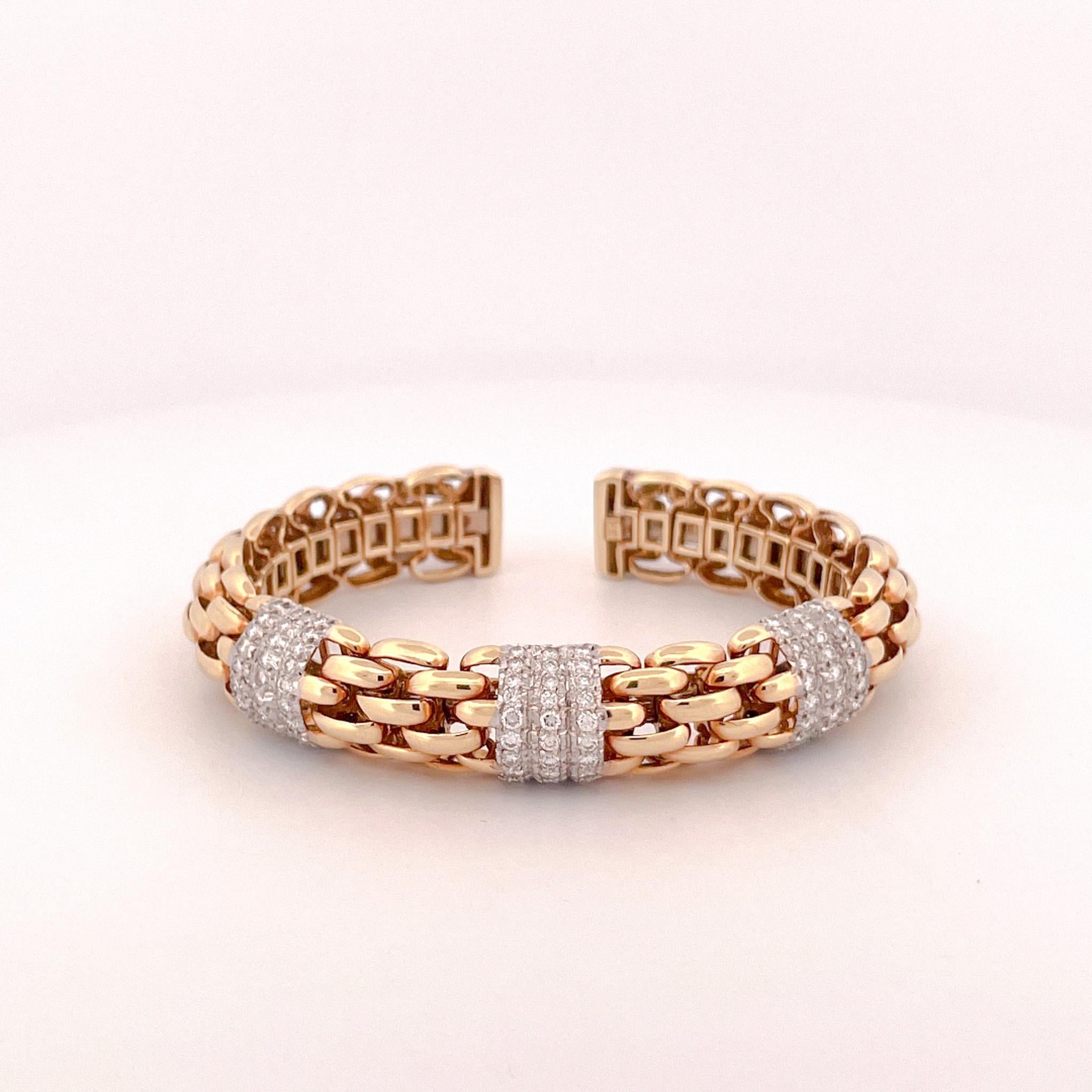 18k Yellow Gold Diamond Woven Link Cuff Bracelet For Sale 6
