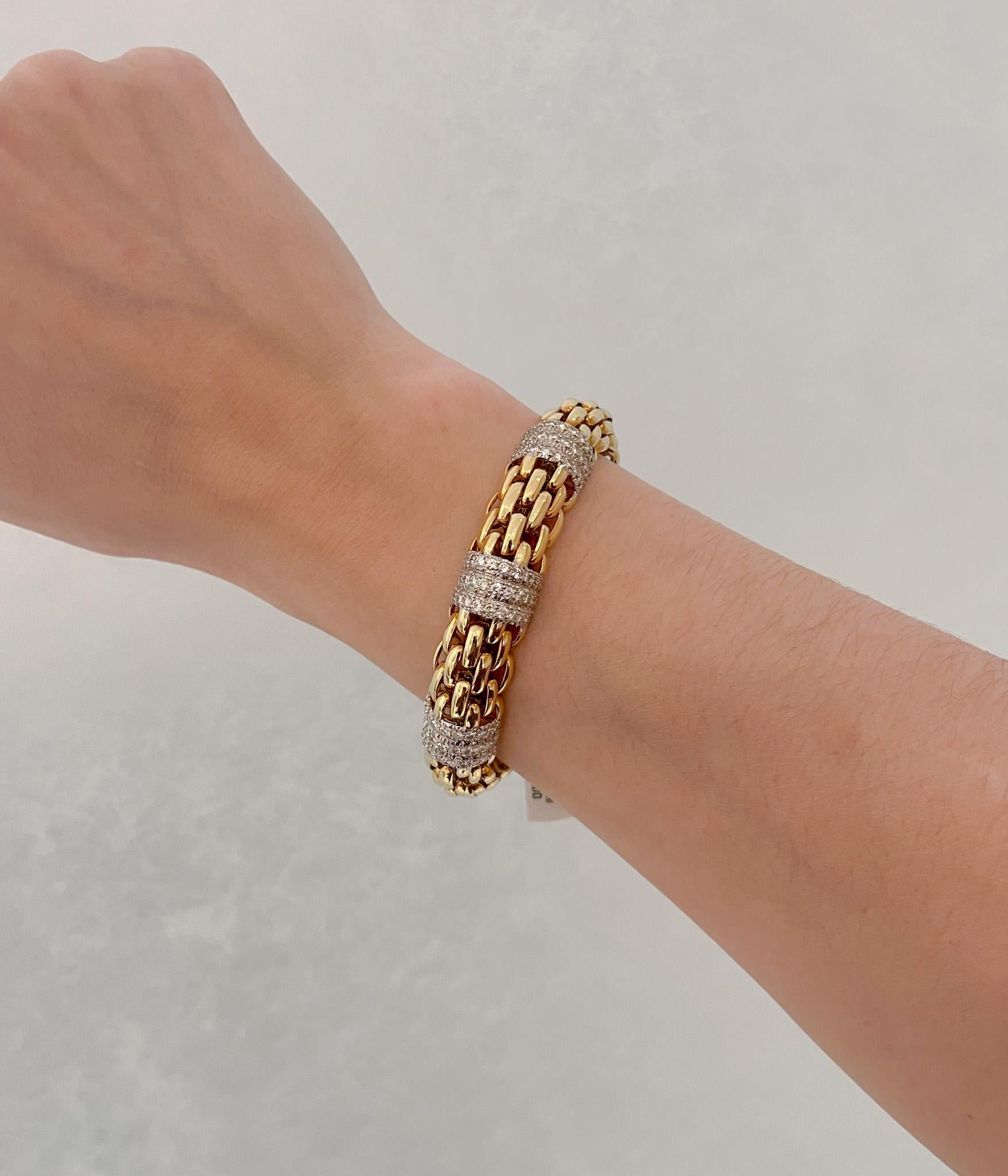 18k Yellow Gold Diamond Woven Link Cuff Bracelet For Sale 7